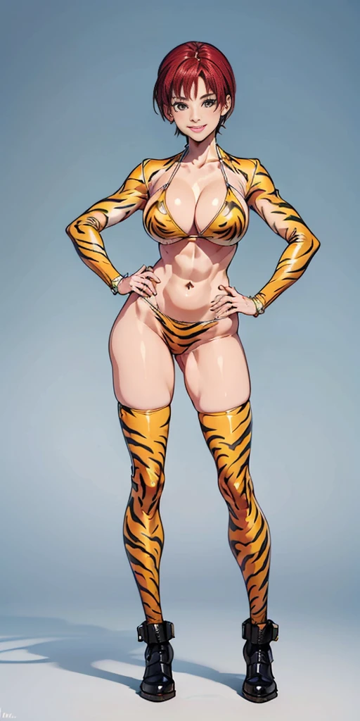 (((Plain grey background, masterpiece, high quality:1.1))) 1girl solo full body height standing straight symmetrical looking to the viewer, view from below, far shot, cow boy shot, perfect lighting, muscular, thighs, mature woman, mummy, bellybutton, abs, looks at the viewer smile RED CHEEKS, huge breasts, maternal, porcelain skin, sparkly skin, good face, chest cover, HANDS ON HIPS (yellow tiger bikini print long sleeves and long stockings)