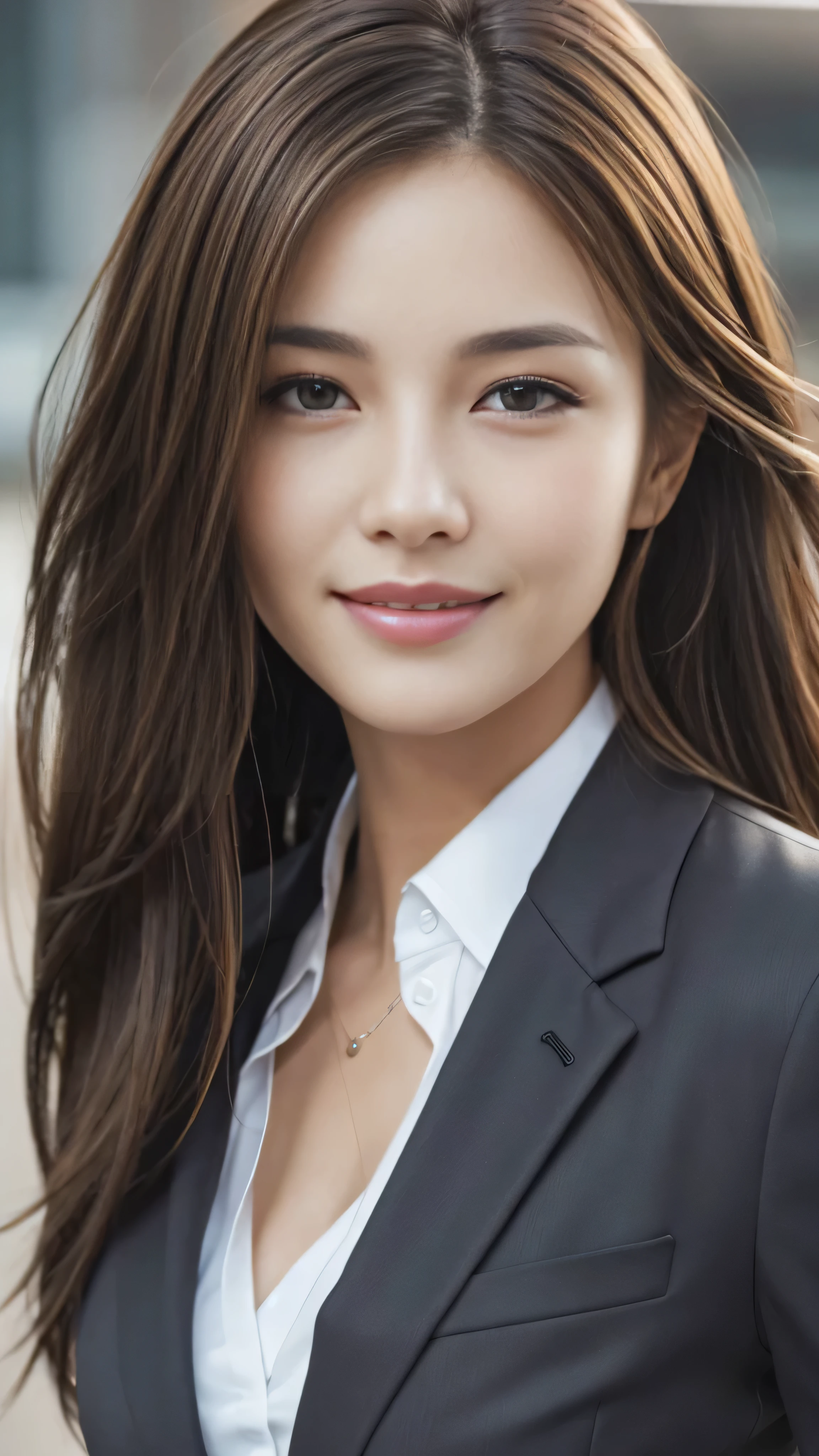 Tabletop, highest quality, Realistic, Very detailed, finely, High resolution, 8k wallpaper, One beautiful woman,, Light brown messy hair, Wear a business suit, Sharp focus, Perfect dynamic composition, Beautiful and detailed, Thinning hair, Detailed Realistic skin texture, smile, Close-up portrait, Model Body Type