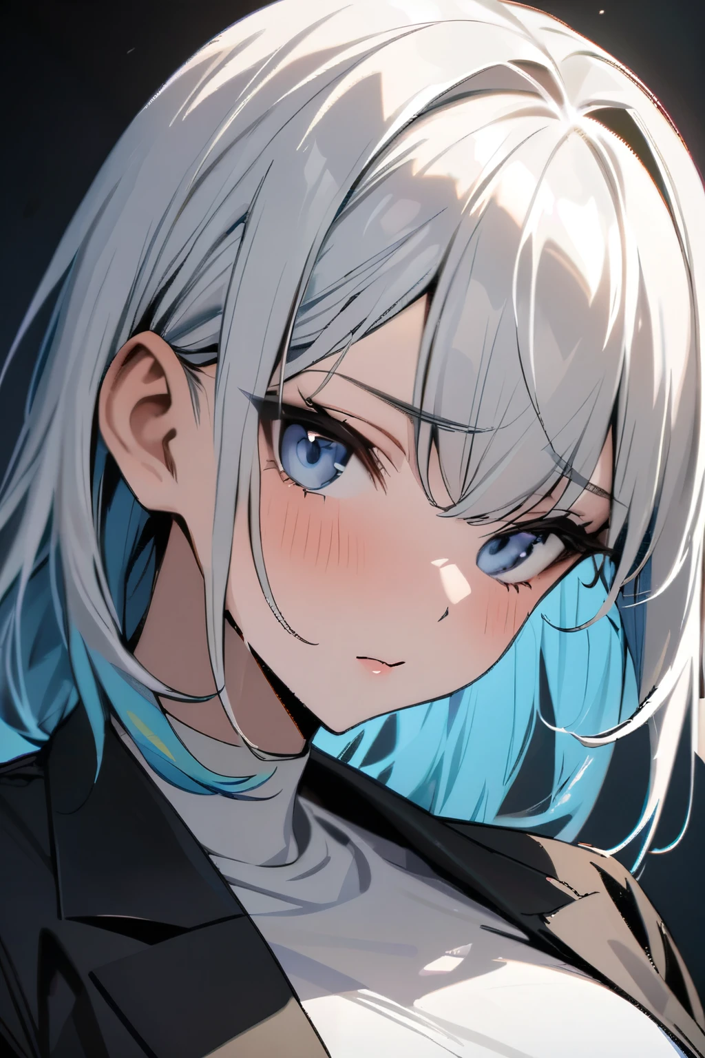Masterpiece, best quality, beautiful girl, beautiful face, multi-colored hair, adult, calm expression, black suit, white shirt,