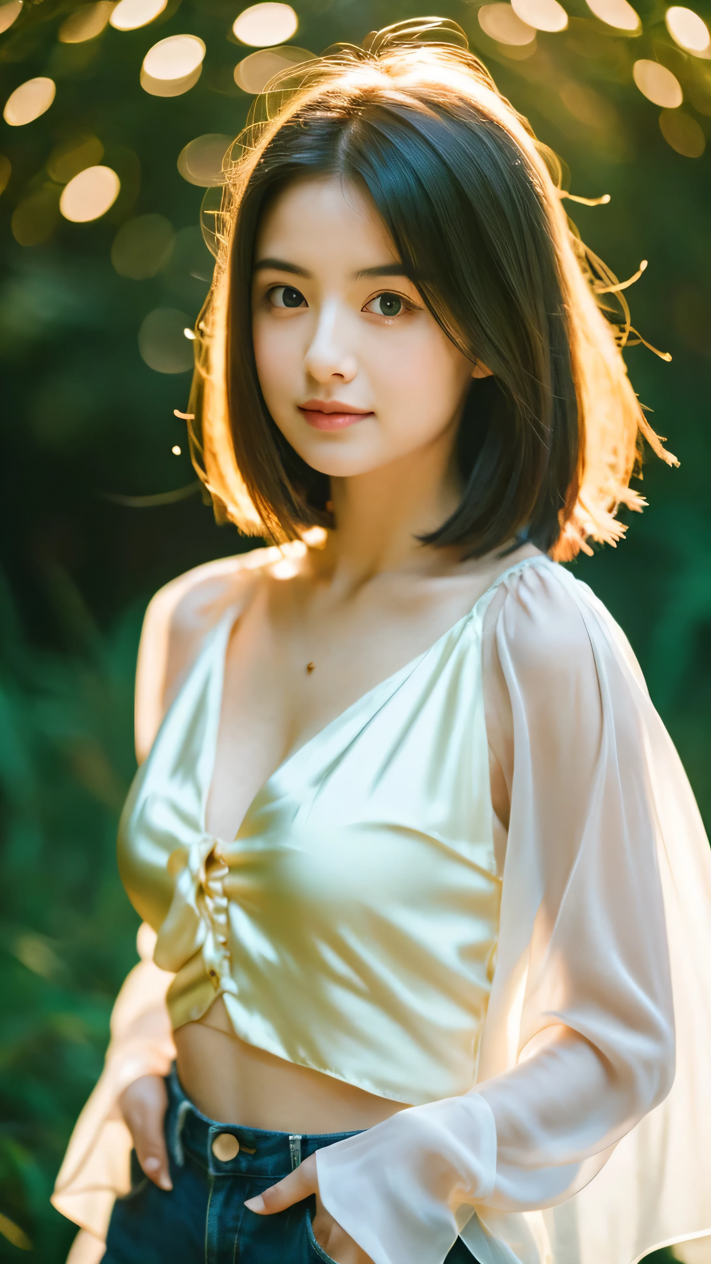 masterpiece, highest quality, 8k, 20th Generation, (Large Breasts:1.2), cute, alone, sad, close, cute, Girlish, Delicate girl, Pure beauty, RAW Photos, Professional photography, Portraiture, Soft Light, Professional Lighting, Backlight, Upper Body, avert your eyes, Sophisticated, Film Grain, (Eyes and facial details:1.0), Beautiful straight hair, Medium length hair swaying in the wind, Silk blouse,