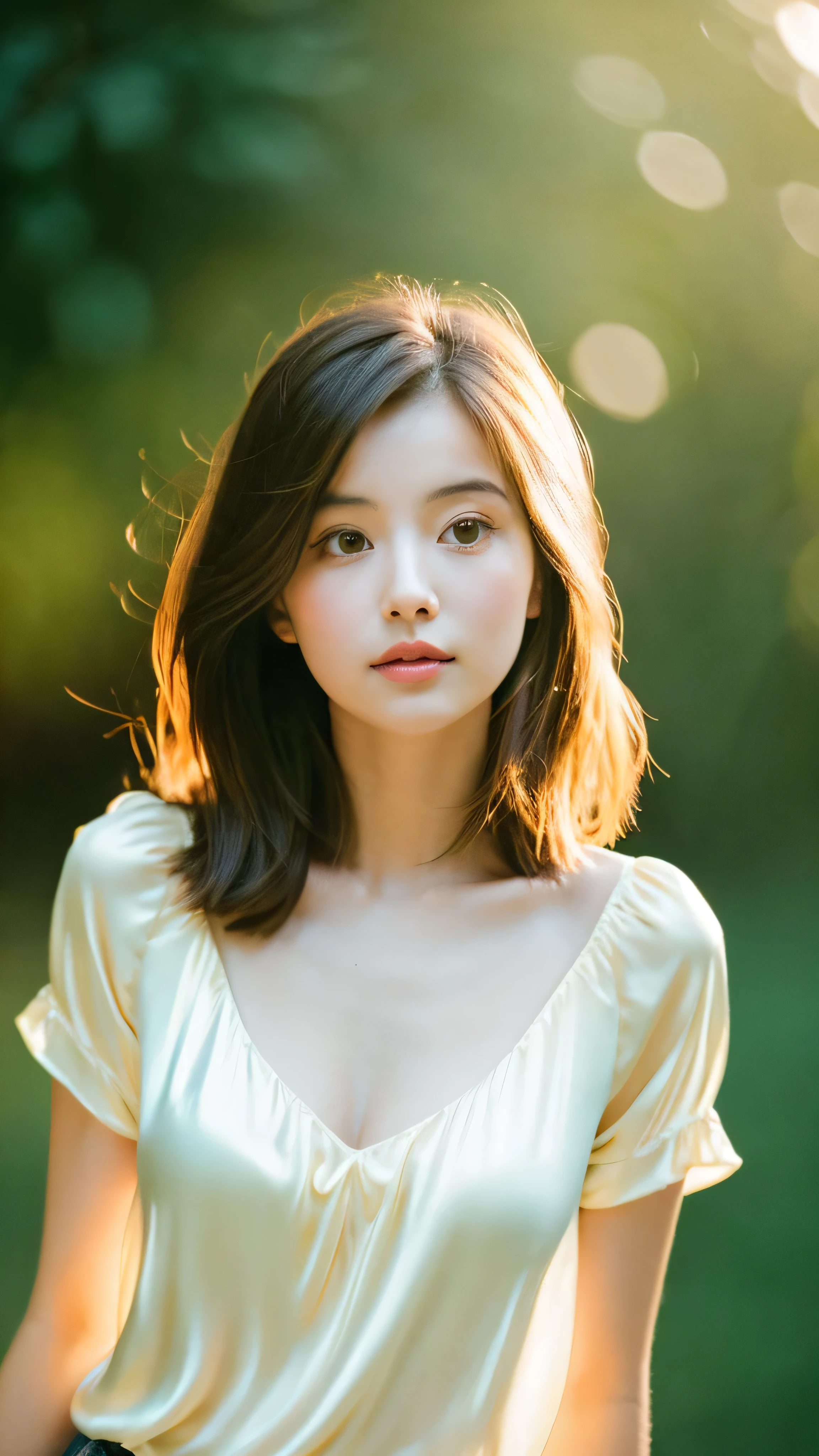 masterpiece, highest quality, 8k, 20th Generation, (Large Breasts:1.2), cute, alone, sad, close, cute, Girlish, Delicate girl, Pure beauty, RAW Photos, Professional photography, Portraiture, Soft Light, Professional Lighting, Backlight, Upper Body, avert your eyes, Sophisticated, Film Grain, (Eyes and facial details:1.0), Beautiful straight hair, Medium length hair swaying in the wind, Silk blouse,