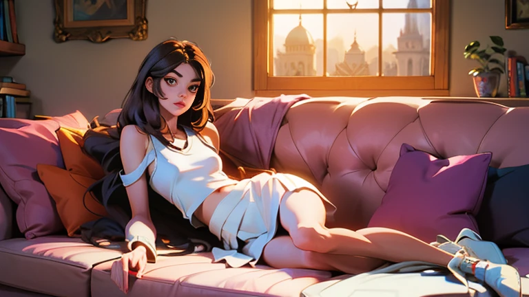 beautiful hippie girl, brunette with long hair, slim build, Long slender legs, wearing a white short top and a short white skirt, lying on a brown sofa, The room is dark, Light from the window, evening, cozy room
