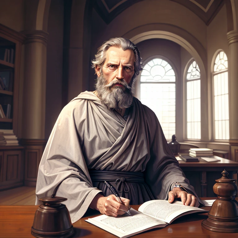 ,bgrtpainting, old magician sitting at the desk in old castle tower,ultra long white beard,gray-haired, writing, magician clothes, long robe, glad