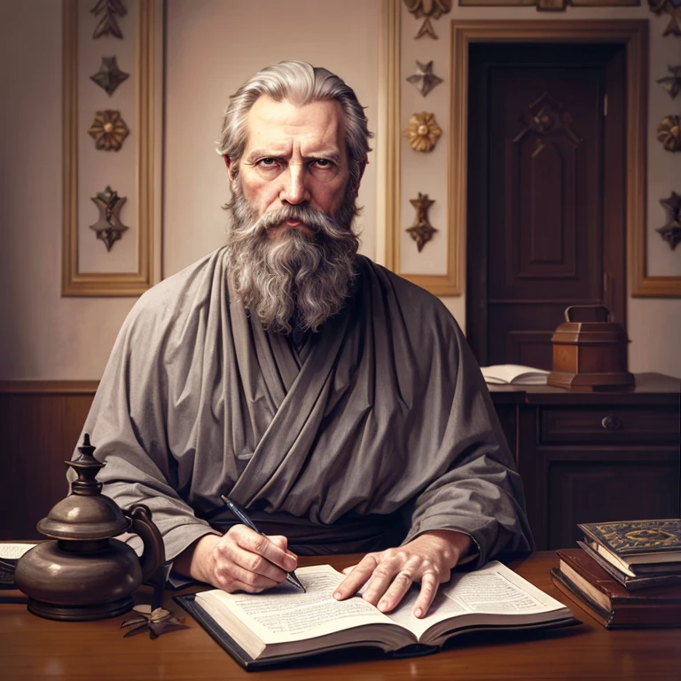 ,bgrtpainting, old magician sitting at the desk in old castle tower,ultra long white beard,gray-haired, writing, magician clothes, long robe, glad