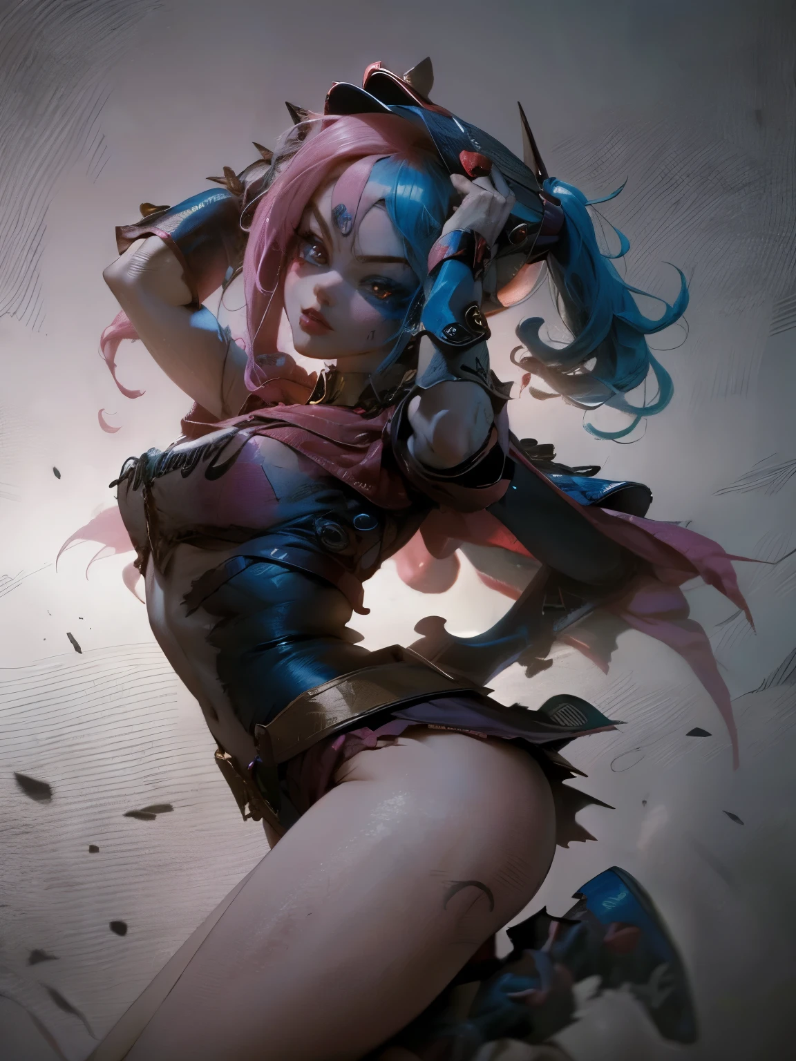 Hermosa y sensual dark magician gils vestida como Harley Quinn. pelo rojo y azul. Labios rojos. Ojos azules. Pose sensual y y. Toma cuerpo completo.