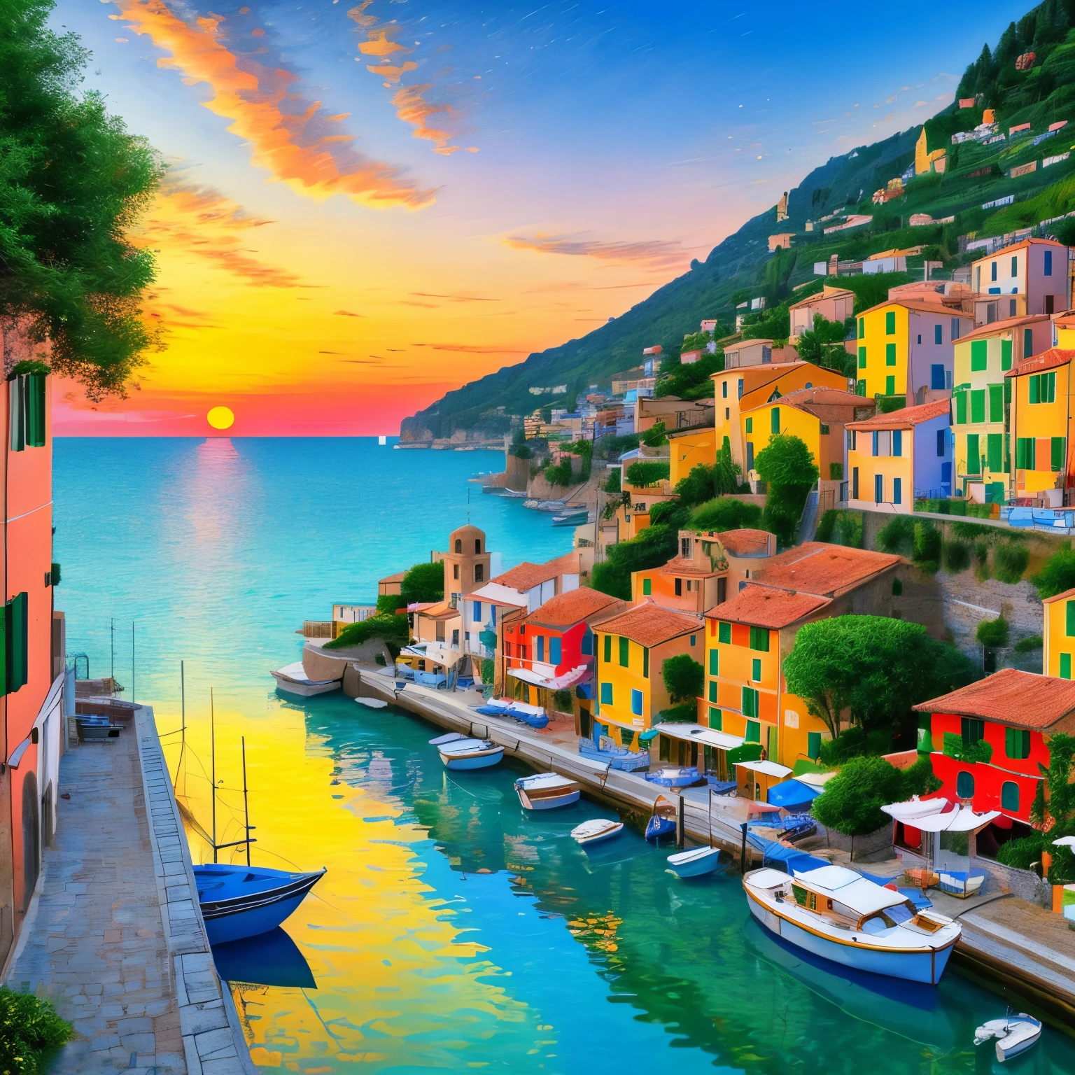 Quaint Italian seaside village with colorful buildings, boat, And the sunset reflected on the water surface, In the Impressionist style of Claude Monet, Visible brush strokes and dappled light.
