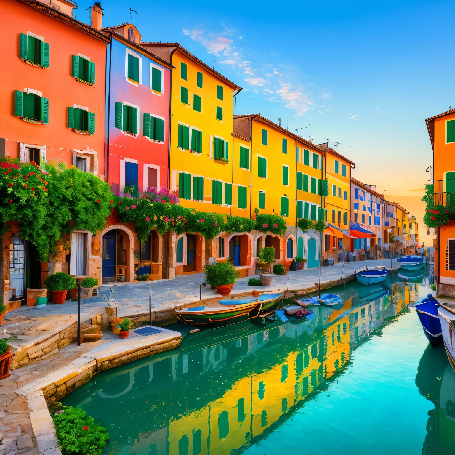 Quaint Italian seaside village with colorful buildings, boat, And the sunset reflected on the water surface, In the Impressionist style of Claude Monet, Visible brush strokes and dappled light.
