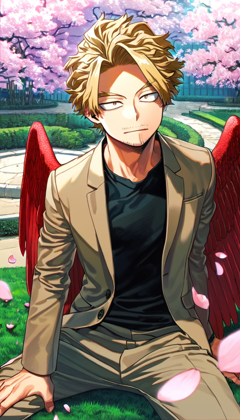 Ultra detailed, HDR, Highres, absurdres, master piece, Takami Keigo, ash blond hair, expressive golden-brown eyes, Hawks, Boku No Hero Academia, pink petals, cherry blossoms, sexy man, solo, extremely detailed face and eyes, handsome, glittering, garden, sitting, brown jacket, brown pants, red wings, black tight shirt, faint stubble on his chin