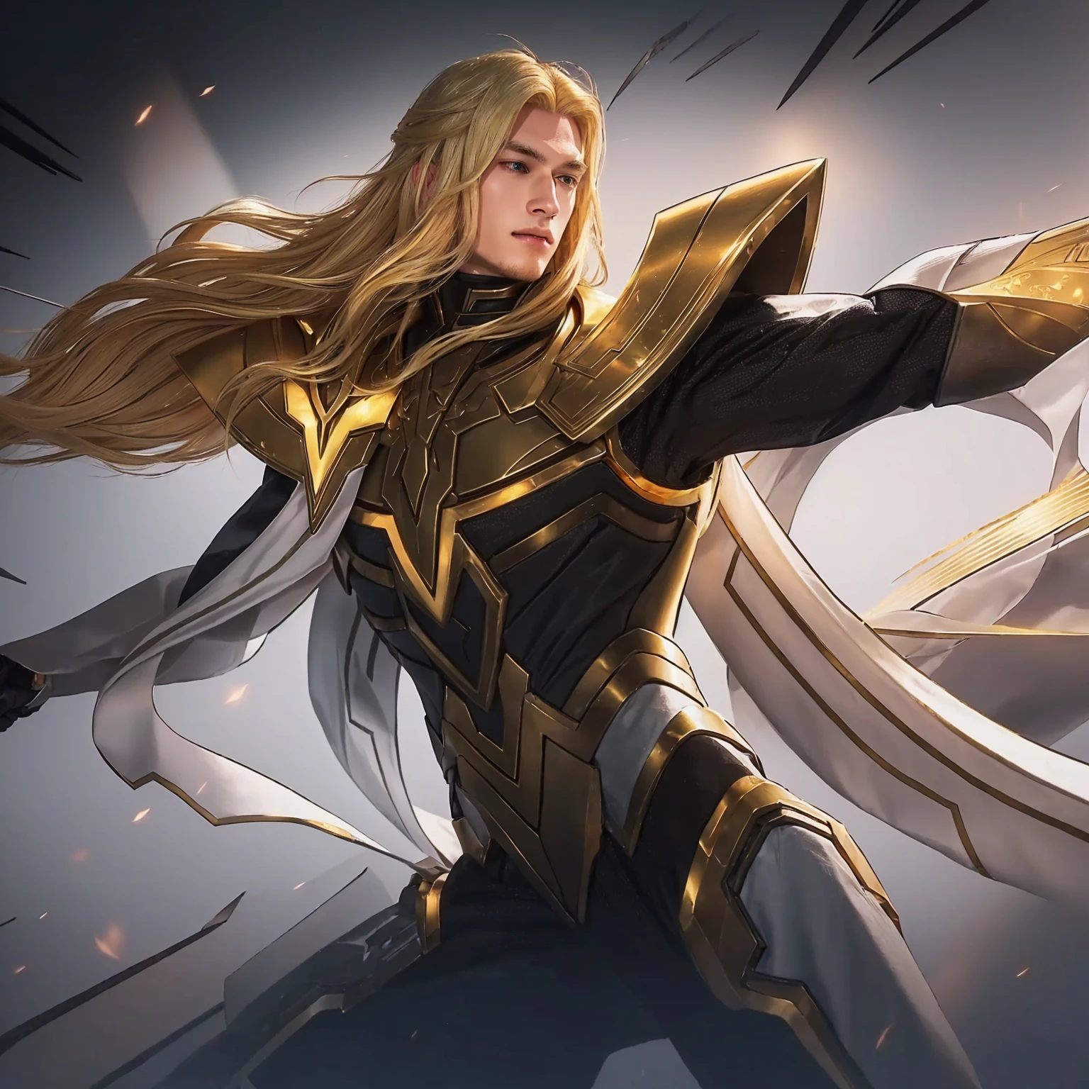 A handsome man with blonde hair and a golden armor