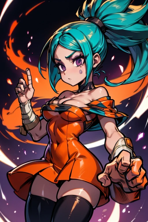 (mejor calidad, Obra maestra), 1 chica, mirando abajo, viento, Particle, fondo sencillo, humor oscuro, parte superior del cuerpo, Cerebella de skullgirls, en el circo, noche, teal hair, ((medium hair)), (ponytail), (purple eyes), medium breast, ((orange dress)), traje con escote, Grandes piernas