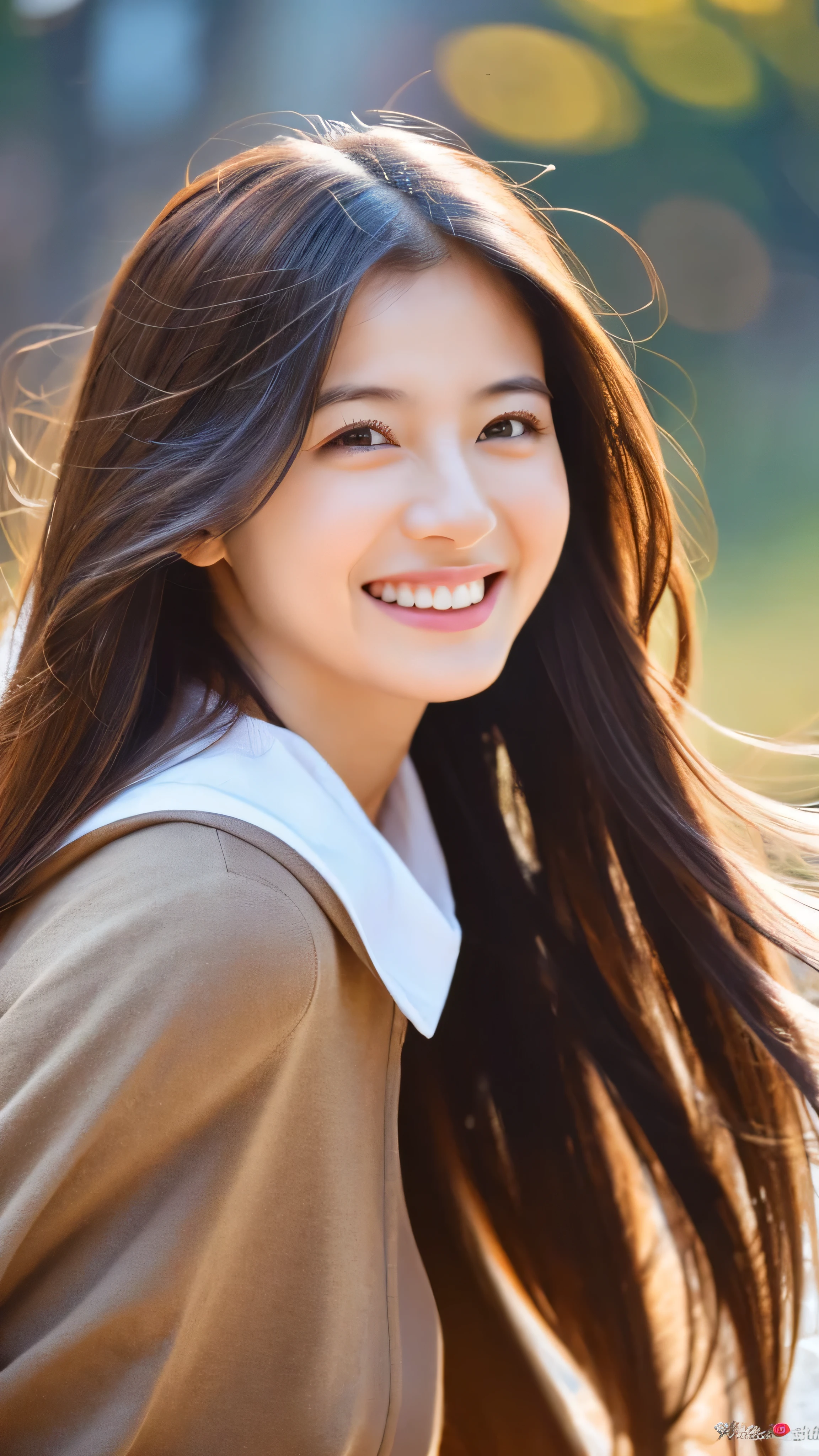 Highly detailed 32k , Realistic , Like the picture , RAW Photos , High-resolution RAW color photos , Professional photography , highest quality , 超A high resolution , Ultra-detailed , Official photo , Beautiful hair blowing in the wind, The best smile looking at the camera