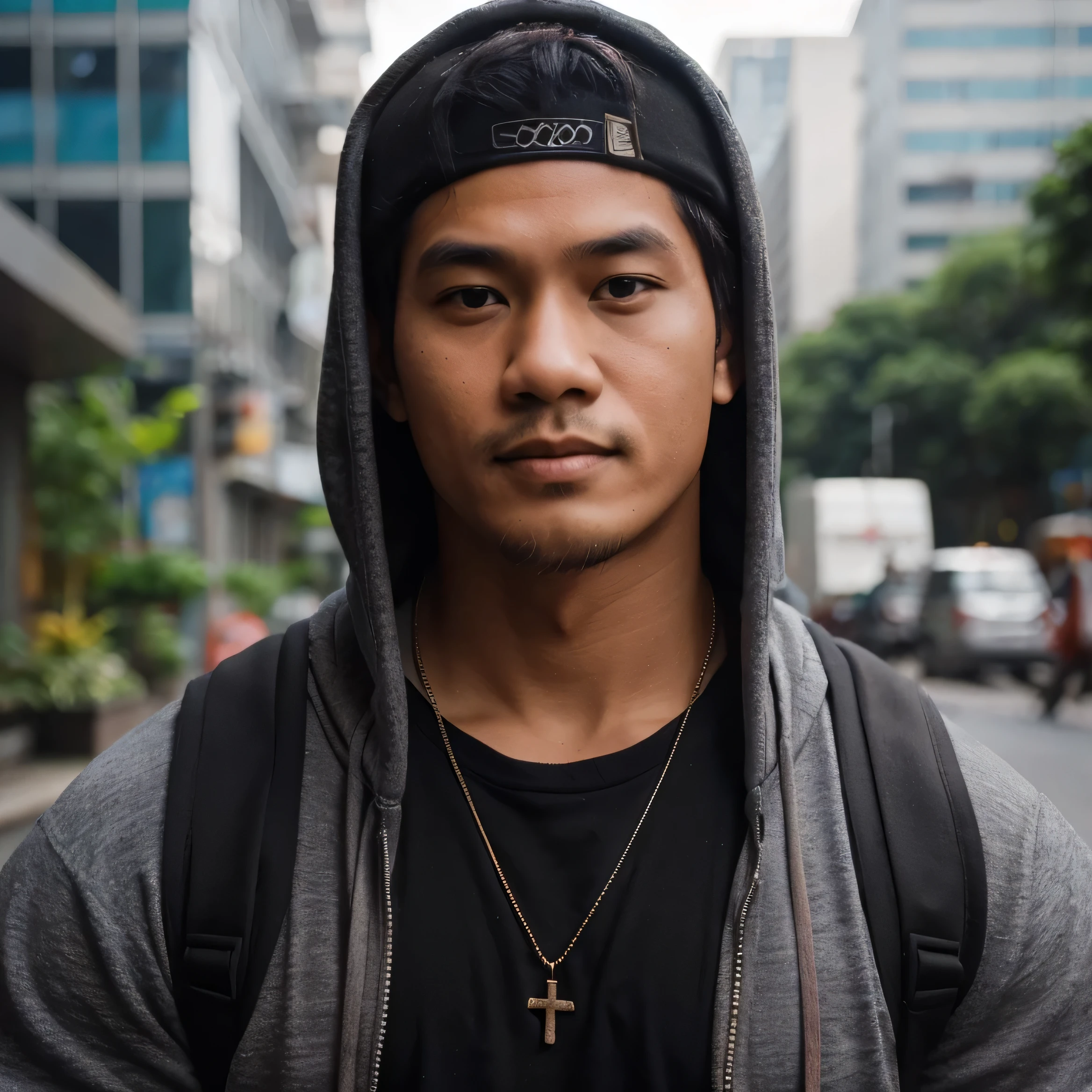 Candid photo of a 30 year old indonesian man, kinda fat muscle, nature skin, very short hair, wearing a hoodie and cap and black mask, wearing cross necklace, in the sidewalk, with buildings background, in the afternoon, photography