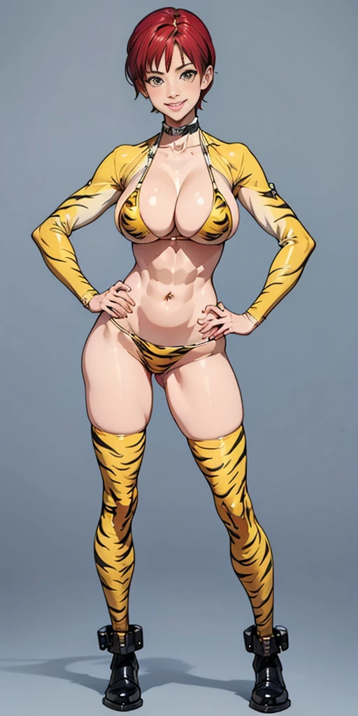 (((Plain grey background, masterpiece, high quality:1.1))) 1girl solo full body height standing straight symmetrical looking to the viewer, view from below, far shot, cow boy shot, perfect lighting, muscular, thighs, mature woman, mummy, bellybutton, abs, looks at the viewer smile RED CHEEKS, huge breasts, maternal, porcelain skin, sparkly skin, good face, chest cover, HANDS ON HIPS (yellow tiger bikini print long sleeves and long stockings)