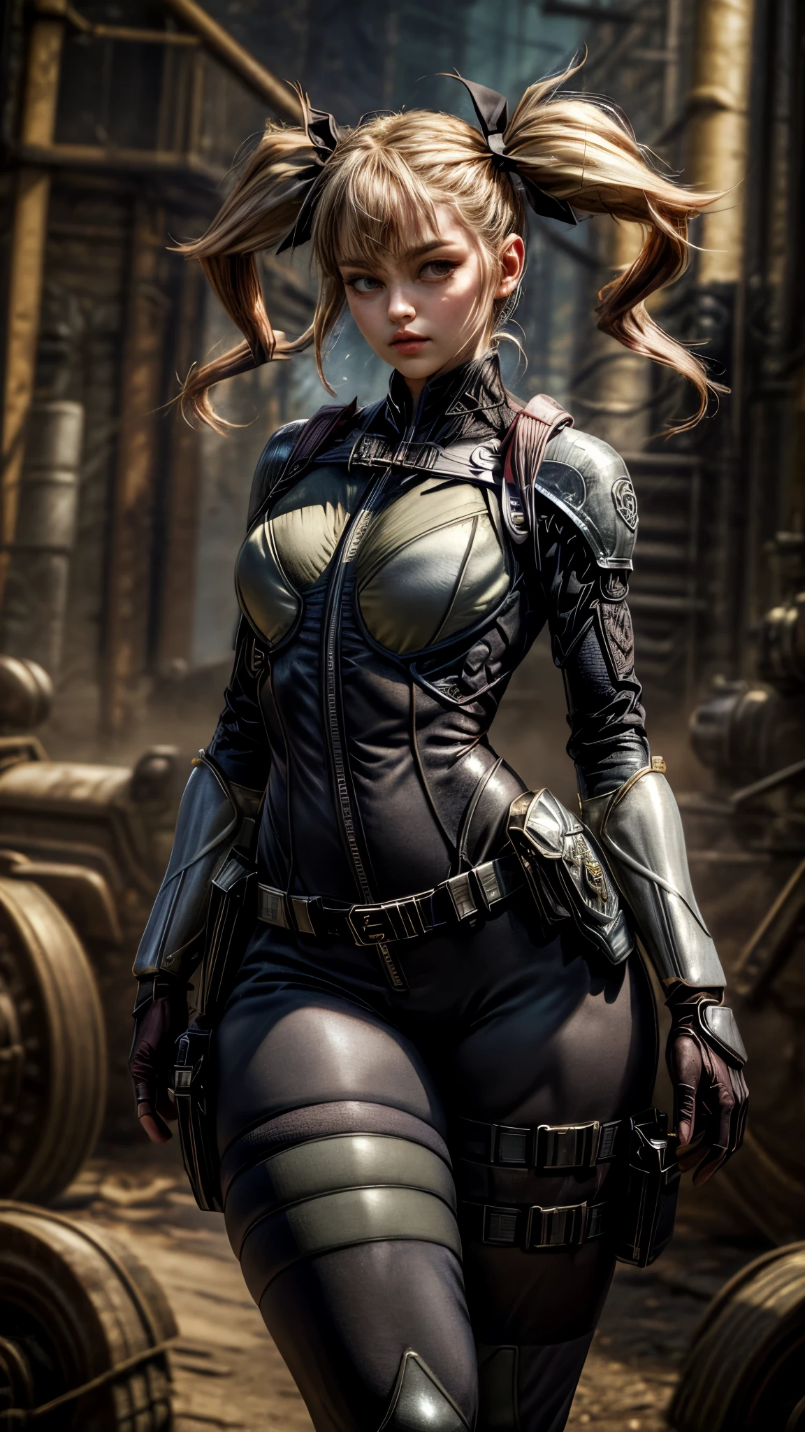 masterpiece, best quality, highres, 1girl twintails hair ribbon, bodysuit photorealistic, large breasts, thick thighs, curvy hips, Small waist 