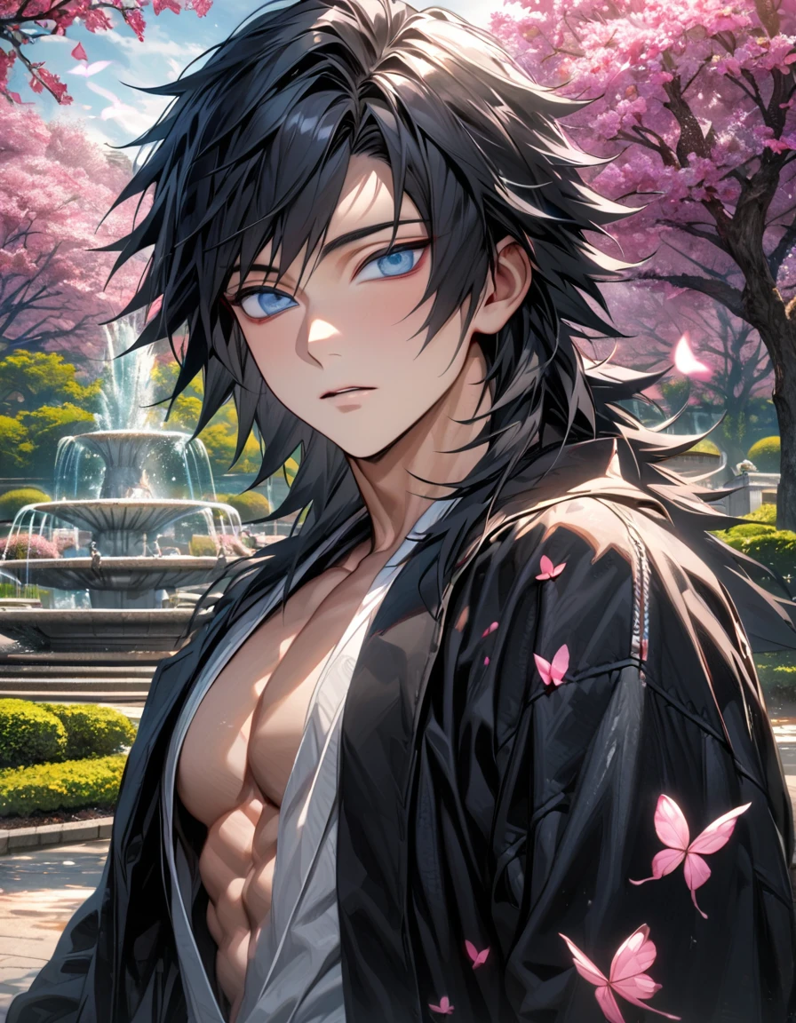 absurdres, highres, ultra detailed, HDR, master piece, ultra detailed picture, extremely detailed face and eyes, Tomioka Giyu, untamed black hair, expressive blue eyes, Kimetsu No Yaiba, sexy man, solo, handsome, toned chest, black coat, white shirt, pink flowers, park, fountain, pink trees, pink butterflies