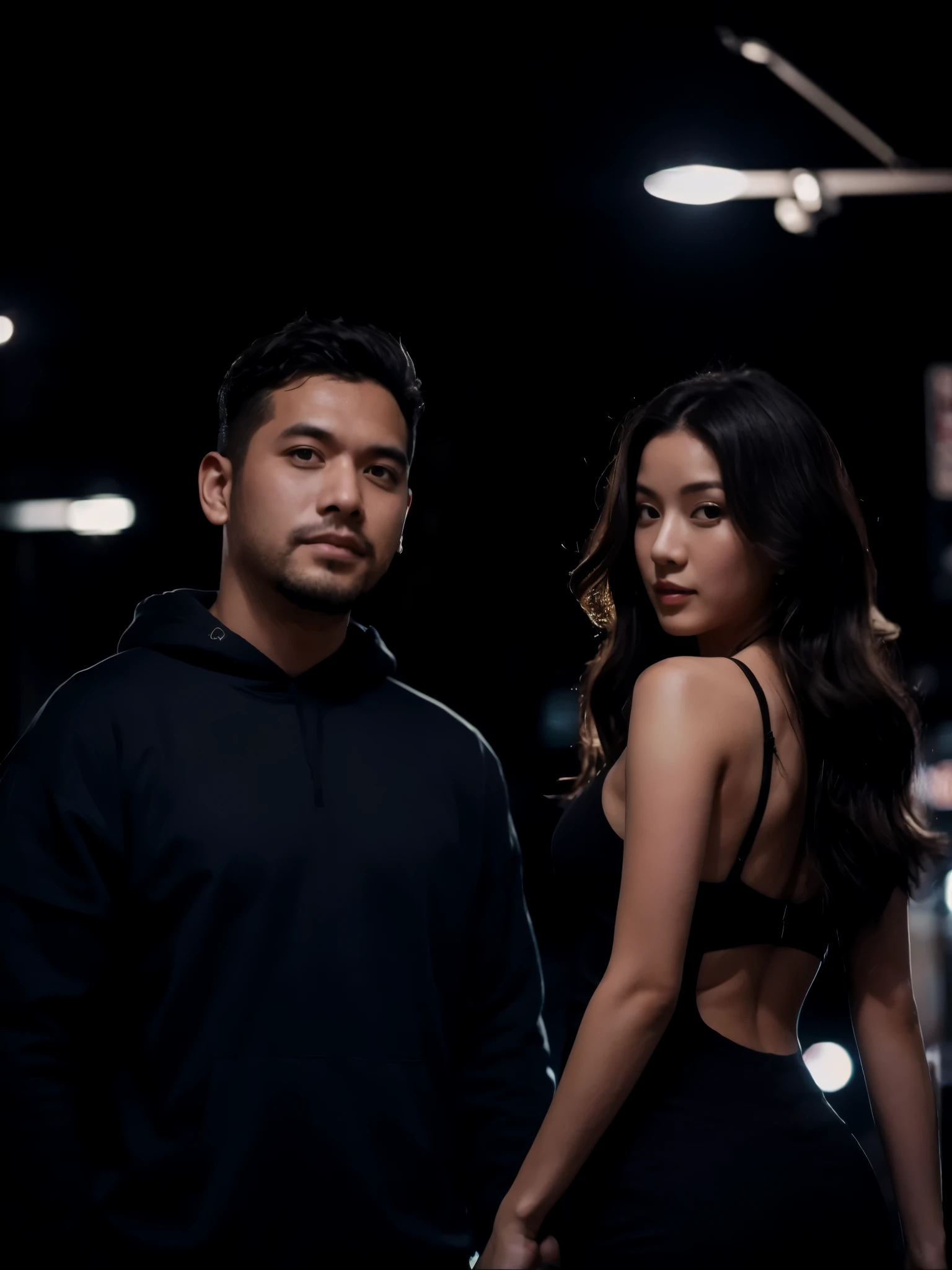 Stunning evening portrait of a 25 year old Indonesian woman with long wavy hair and an ideal figure, standing next to a 30 year old Indonesian man, undercut hairstyle, bewok. The woman was wearing a black mini dress and high heels, while the man was wearing a black hoodie, ripped jeans and white shoes. This photo captures the vibrant energy of Tokyo nightlife, with neon lights reflecting off the surrounding buildings and busy streets. This image was expertly shot with a Hasselblad X2D, capturing the essence of the urban landscape. facing the camera at close range.