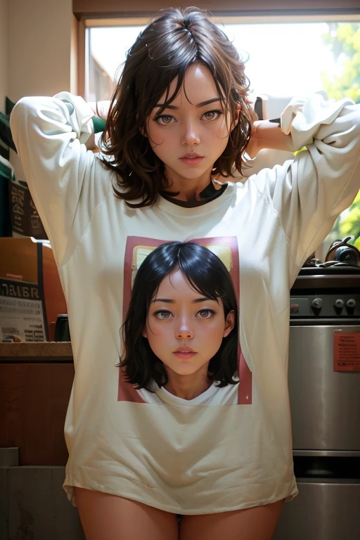 (mejor calidad, Obra maestra), 1 twenty year old woman, arms up hands behind the head, sonrisa, Laugh, Huge Oversized T-shirt, bermudas, corte de pelo pixie oscuro, pecas, rubor, mirando al espectador, cursi, ojos seductores...