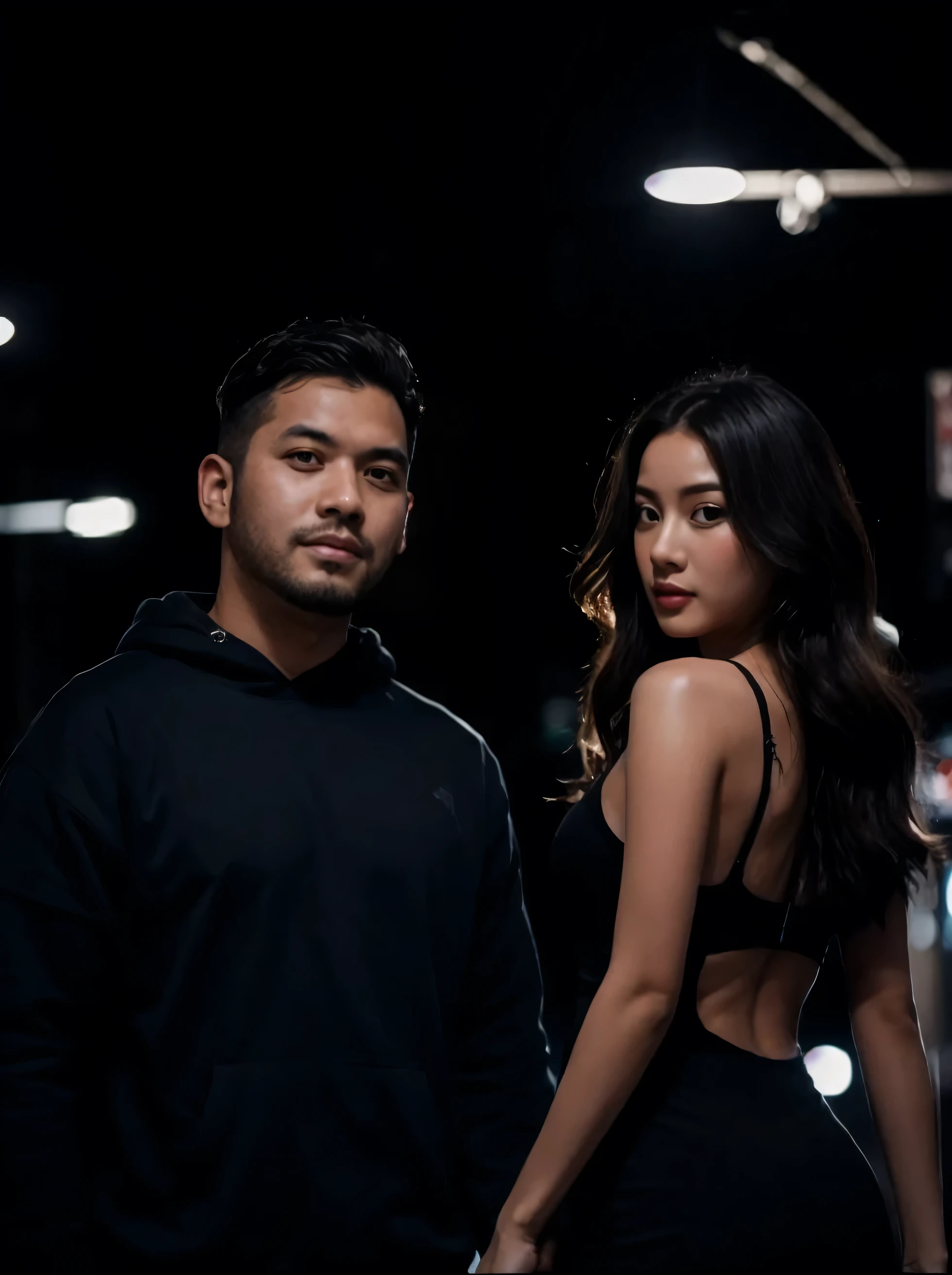 Stunning evening portrait of a 25 year old Indonesian woman with long wavy hair and an ideal figure, standing next to a 30 year old Indonesian man, undercut hairstyle, bewok. The woman was wearing a black mini dress and high heels, while the man was wearing a black hoodie, ripped jeans and white shoes. This photo captures the vibrant energy of Tokyo nightlife, with neon lights reflecting off the surrounding buildings and busy streets. This image was expertly shot with a Hasselblad X2D, capturing the essence of the urban landscape. facing the camera at close range.
