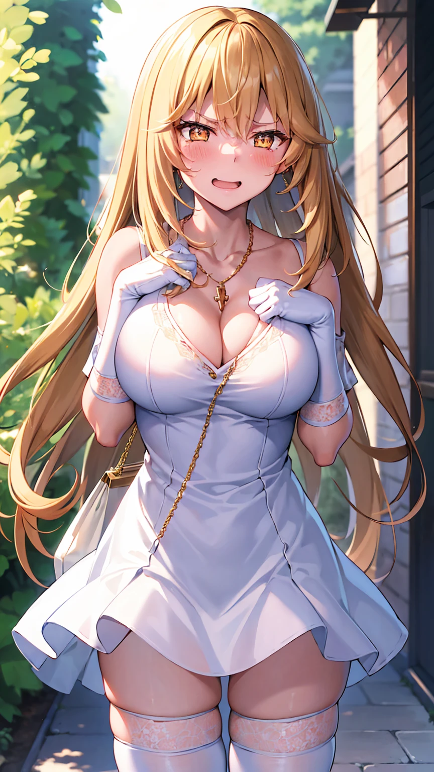 masterpiece, best quality, highres, hmmisaki, long hair, symbol-shaped pupils, +_+, large breasts, white gloves, elbow gloves, white thighhighs, smile,　　Shoulder bag　Cleavage　　Earrings, necklace, clavicle, Off the shoulder, Knitted dress, Short sleeve, White knee socks, street, Are standing, Cowboy Shot, smile, wave hands, Open your mouth, In town　　panic++++　　Embarrassed+++　　Excited+++　　Be upset++++　　(Embarrassed:1.6) 　(Embarrassed:1.6)　　　(Blushing:1.4)