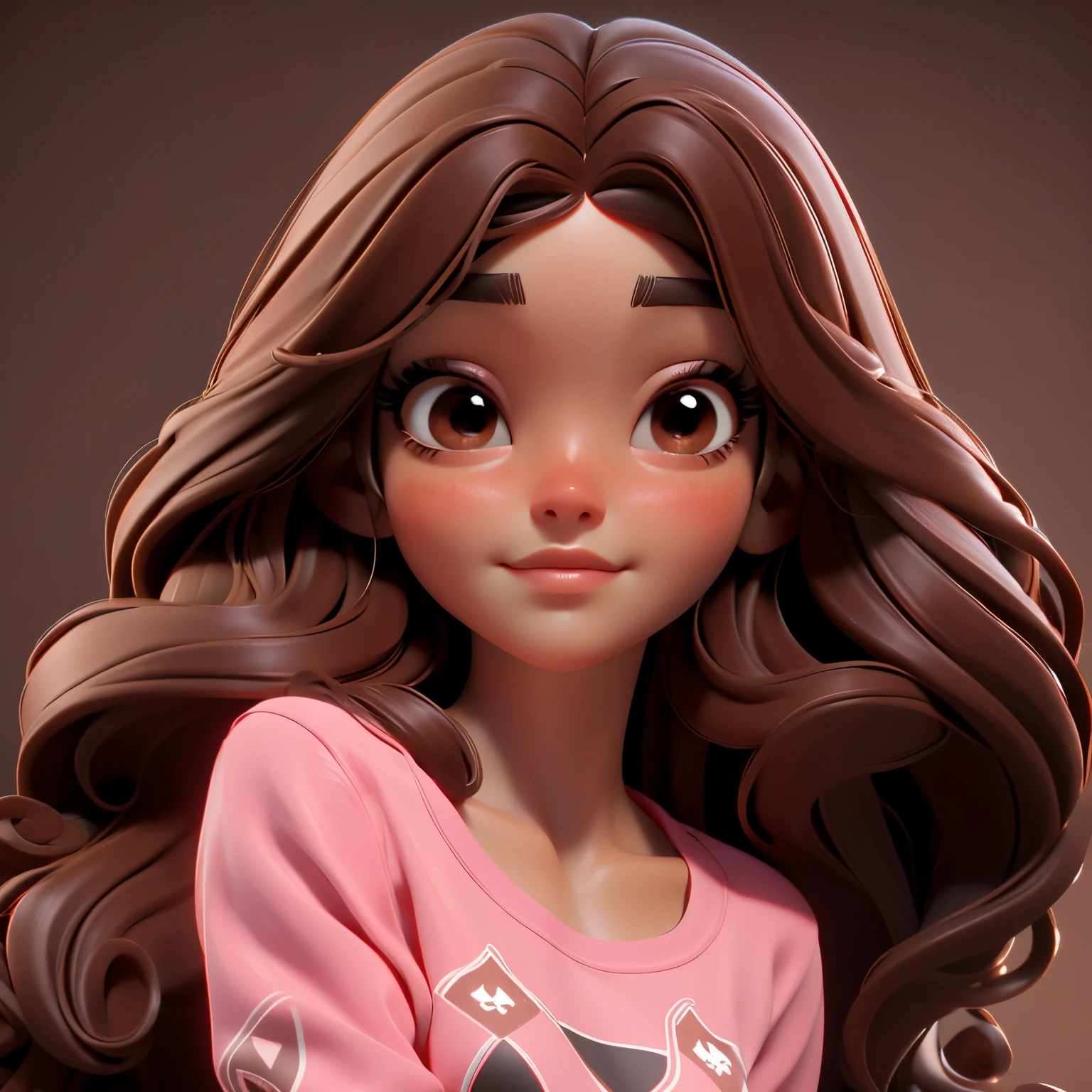 (mejor calidad : 4k) 3D face pattern, dulce y delicado, With long brown hair , maquillaje negro., long eyelashes, camiseta rosa, Brown eyes , stylish brown hair