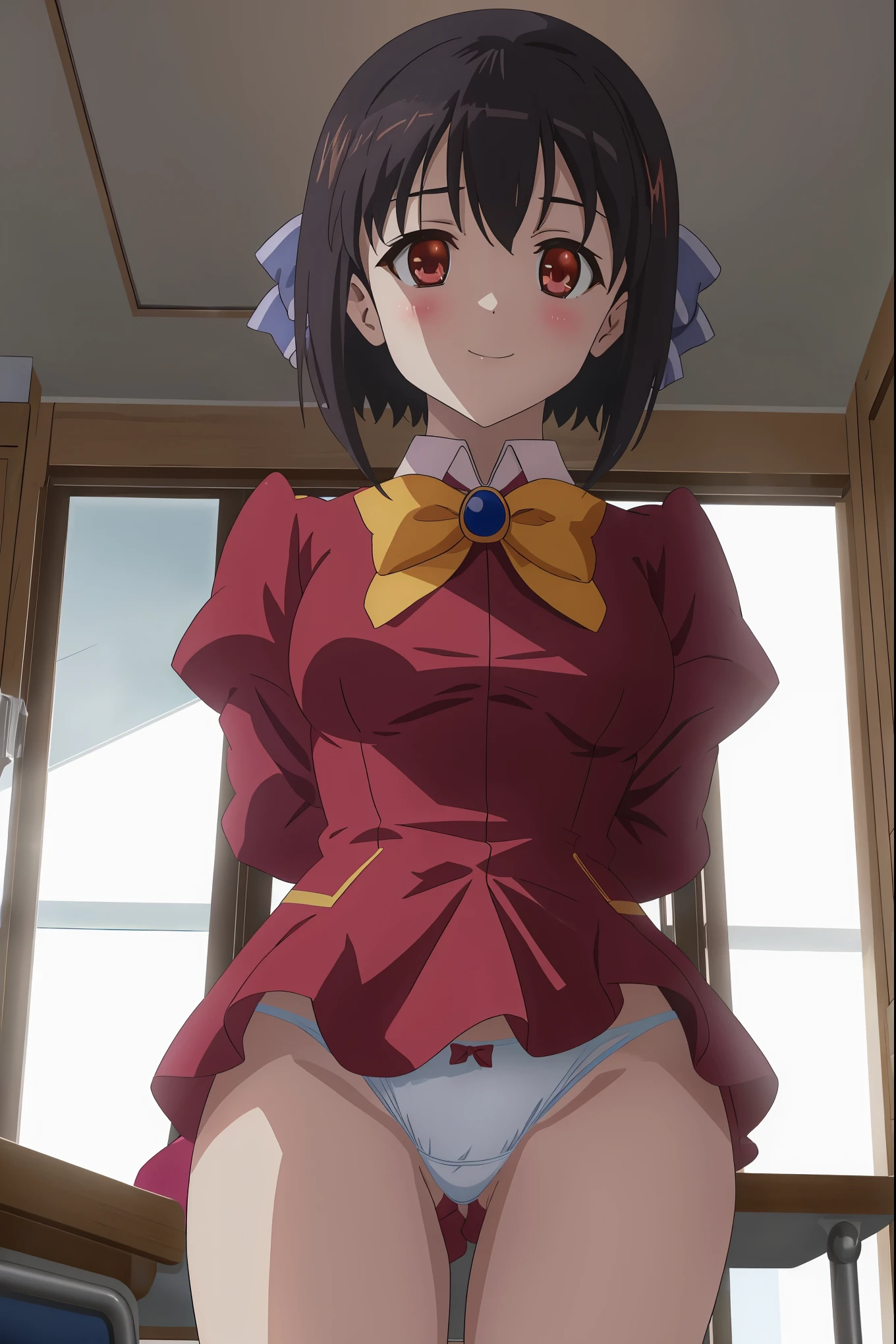 1girl in,(standing),classroom,from behind,From below,Looking at Viewer,Tomomi_Xijing, bow ribbon, Short hair, ,red uniform,Winter clothes,Long sleeves,(arms behind back),((bottomless)),((panties)),Perfect Lighting,Best Quality,,Smile,blush,anime screen cap,Flat color,cel shading,short torso,Show off panties,pantyshot,