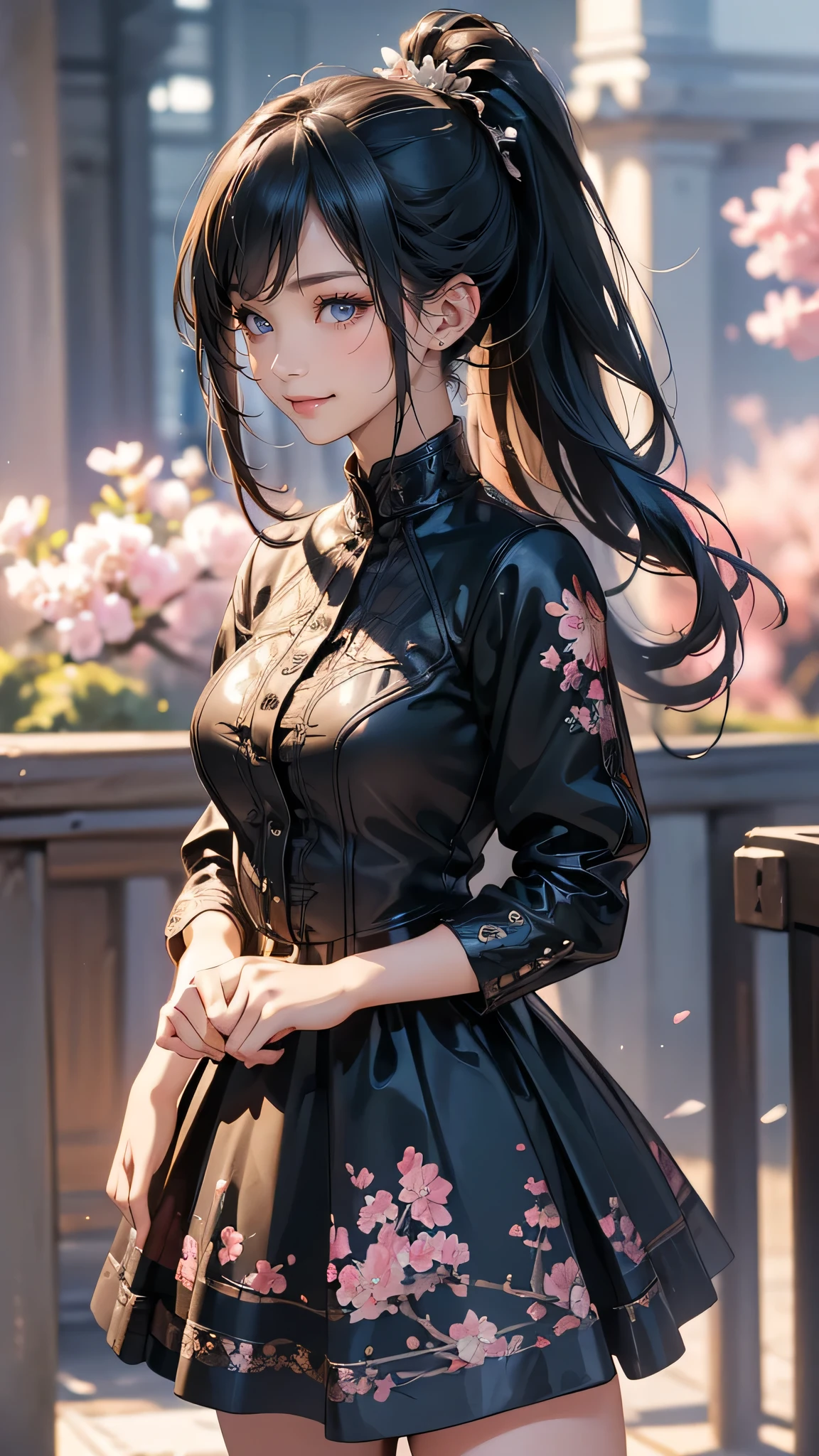 (girl riding a motorcycle),A park where cherry blossoms dance,gothic lolita dress,(random cute pose),(random hairstyle),(Highest image quality,(8K), Ultra-realistic, Best Quality, High quality, High Definition, high quality texture, high detailing, Beautiful detailed, fine detailed, extremely details CG, Detailed texture, realistic representation of face, masterpiece, presence)