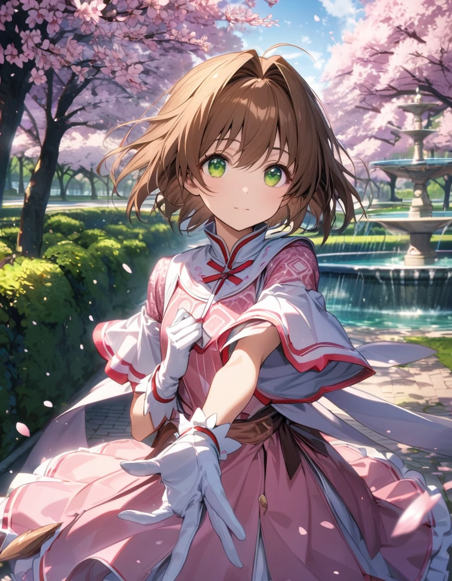 Ultra detailed, highres, absurdres, HDR, Kinomoto Sakura, brown short hair, expressive green eyes, pink dress with patterns, Sakura card captor, magical cards, cherry blossoms, blossoms, solo, extremely beautiful, extremely detailed face and eyes, white gloves, woman, park, fountain