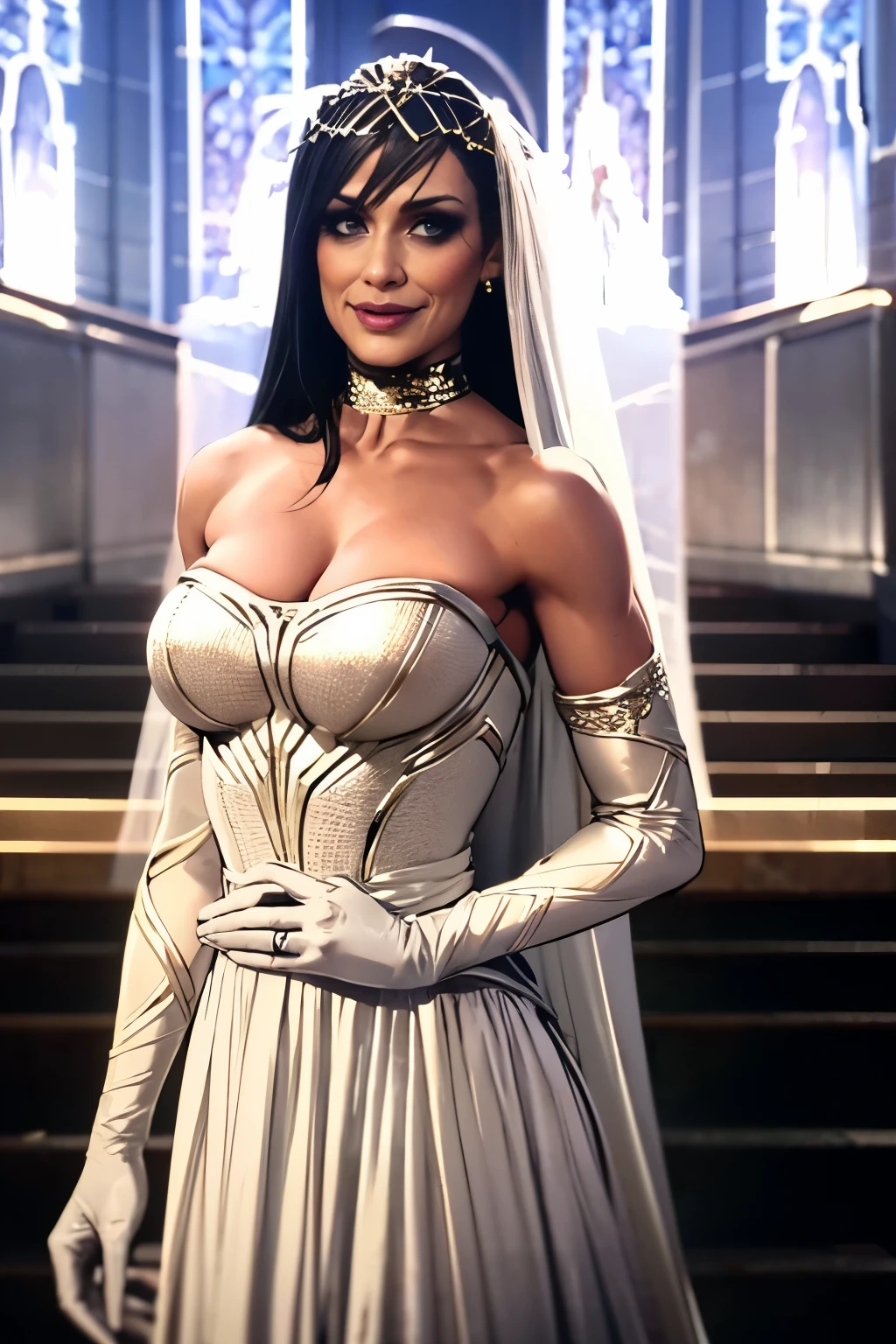 1girl, solo,Hela marvel, crown,earrings ,lipstick, eye shadow, makeup, hair between eyes, ahoge, hair ornament, gloves, dress, cleavage, bare shoulders, collarbone, white oprea gloves, white gloves, white dress, strapless, white choker, tiara, veil, strapless dress, wedding dress, bridal veil, beautiful woman, perfect body, perfect breasts, wearing a wedding dress, ball gown, in the park trees, wedding decorations, looking at the viewer, smile, realism, masterpiece, textured skin, super detail, high detail, high quality, best quality, 1080p,