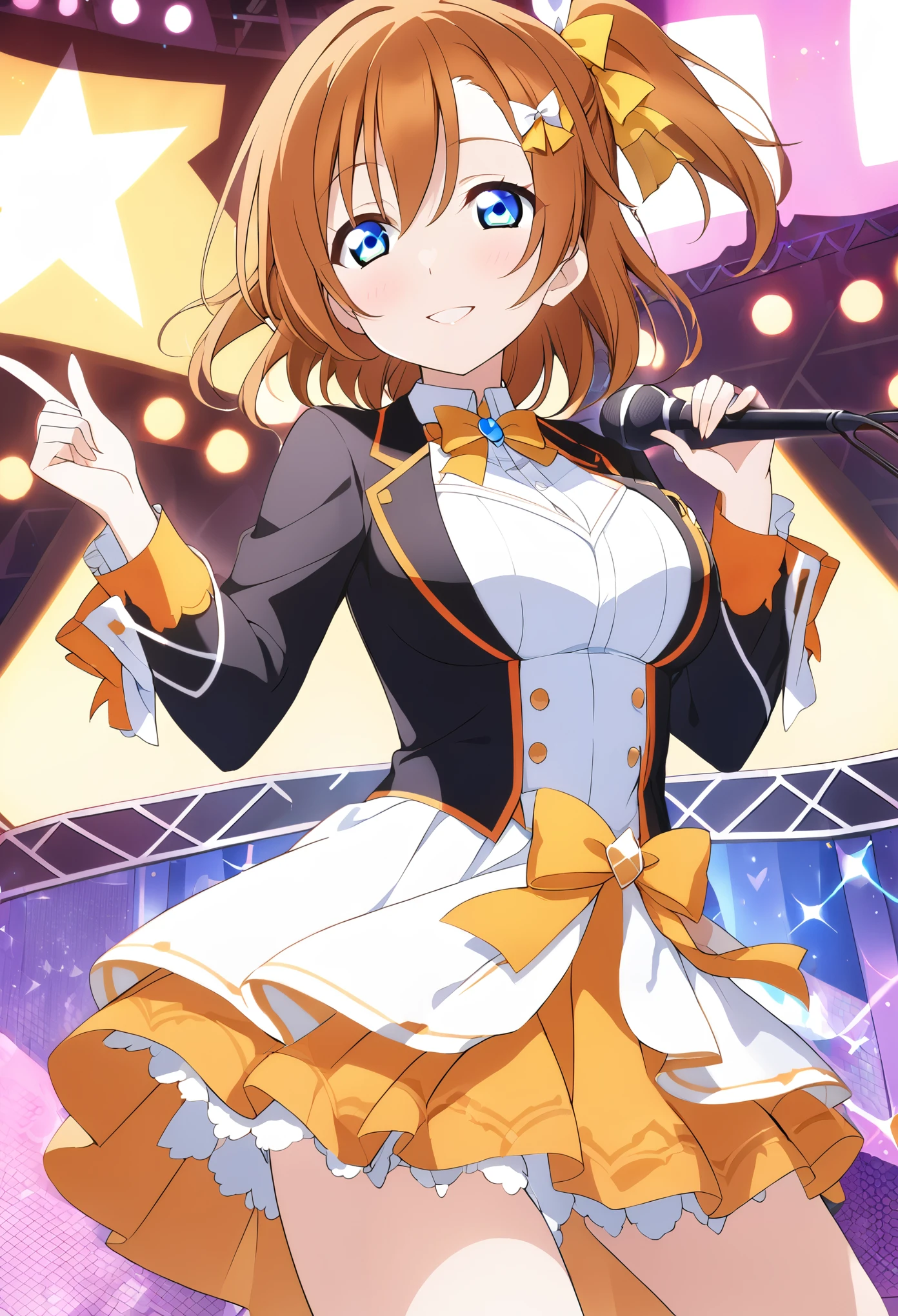 , live stage, large Breasts, Formal dress smile　solo, honoka kousaka, blue eyes, brown hair, hair bow, orange hair, (one side up:1.2), short hair, yellow bow,