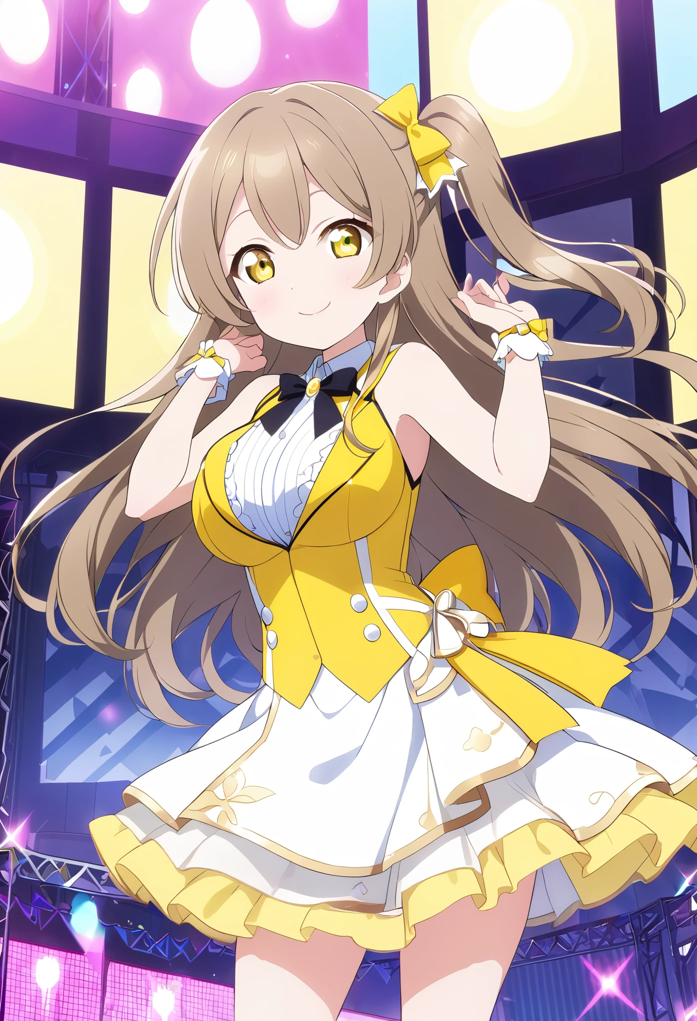 , live stage, large Breasts, Formal dress smile solo, kotori minami, long hair, brown hair, (yellow eyes:1.3), hair bow, one side up,