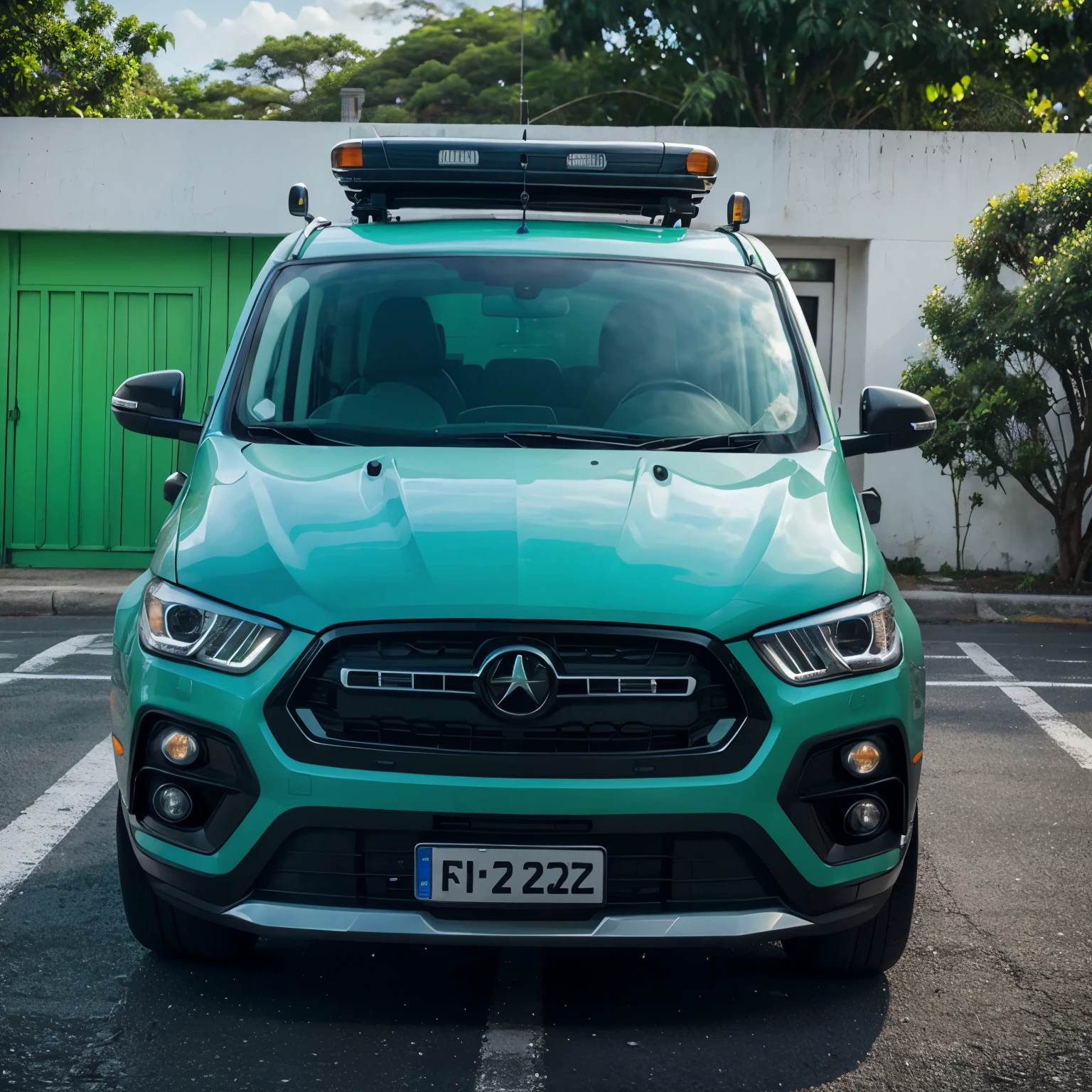 Vehiculo sencillo con la palabra MianFu de color verde, negro y azul combinados frontalmente.