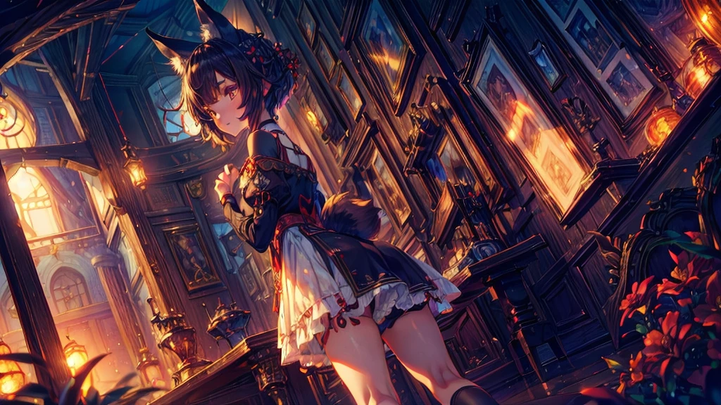 flower, masterpiece, Height quality, fox girl, cinematic lighting, Fox ears, bald tail, fox eyes, dark hair, Bright skin, dark red short dress, high contrast colors, detailed eyes, detail Fox ears, detail bald tail, Hair detailing, Cinematic lens, sharp focus, Portrait view,