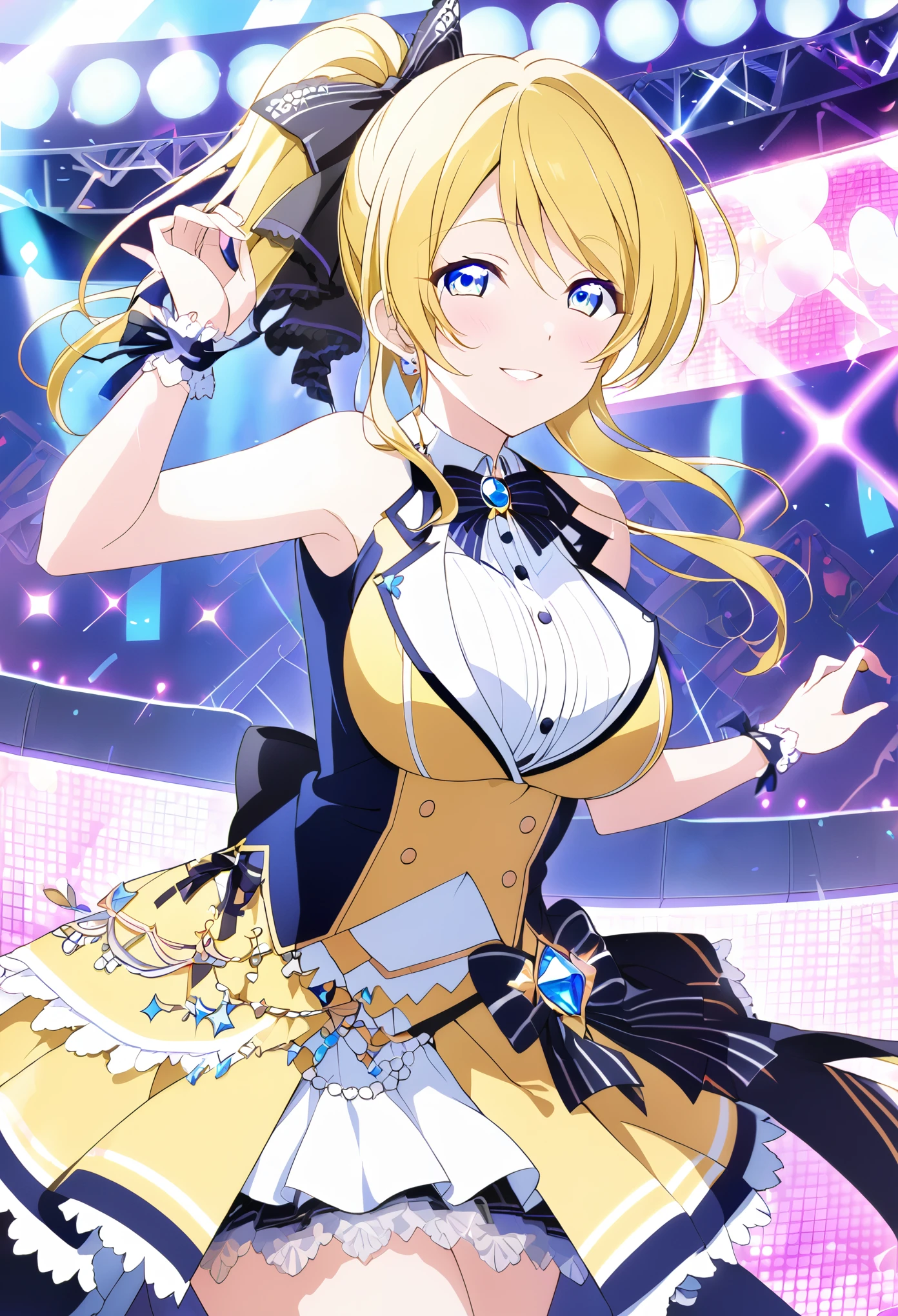 , live stage, large Breasts, Formal dress smile solo, eli ayase, yellow hair, blue eyes, ponytail, hair ribbon,