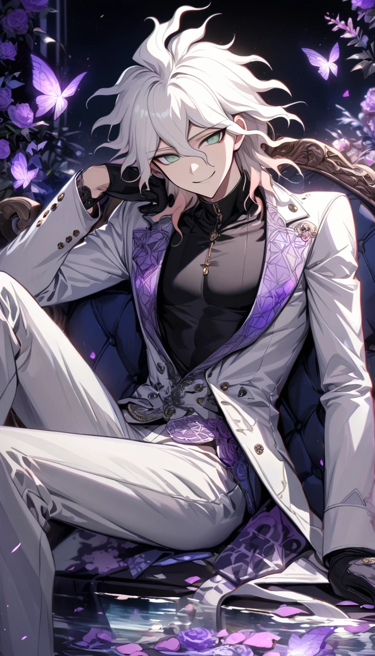 Ultra detailed, HDR, Highres, absurdres, master piece, Komaeda Nagito, white hair, expressive light green eyes, white long coat with patterns, Danganronpa, black tight shirt, purple glittering butterflies, purple ice, petals, purple ice roses, sexy man, solo, extremely detailed face and eyes, extremely handsome, glittering, water, smirking, toned chest, black gloves, sitting