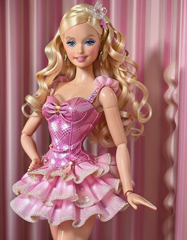 plastic girl with blonde curly hair , wearing pink princess Moschino dress , pink high heels , pink ballroom background , pale skin , full body , Plastic Skin ,Shiny ,(masterpiece, top quality, best quality, official art, beautiful and aesthetic:1.2)