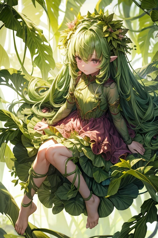Humanoid plant in the shape of a 5-year-old girl, green skin, hair made of leaves, pink eyes, dress made of vines, feet in the shape of green roots, forest background