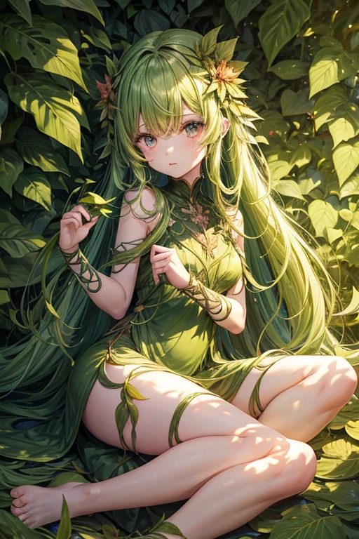 Humanoid plant in the shape of a 5-year-old girl, green skin, hair made of leaves, pink eyes, dress made of vines, feet in the shape of green roots, forest background 