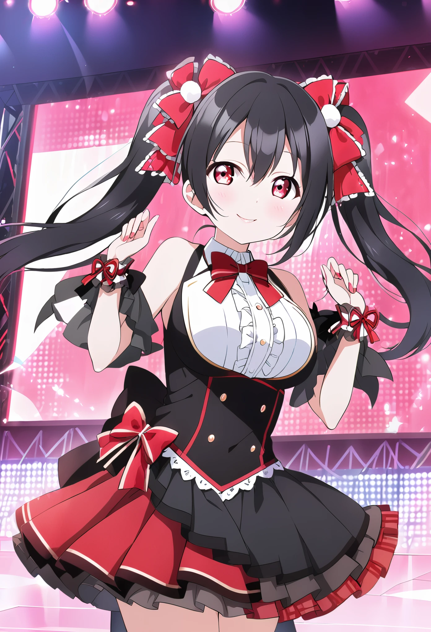 , live stage, large Breasts, Formal dress smile solo, nico yazawa, black hair, (red eyes:1.3), bow, twintails, hair bow,