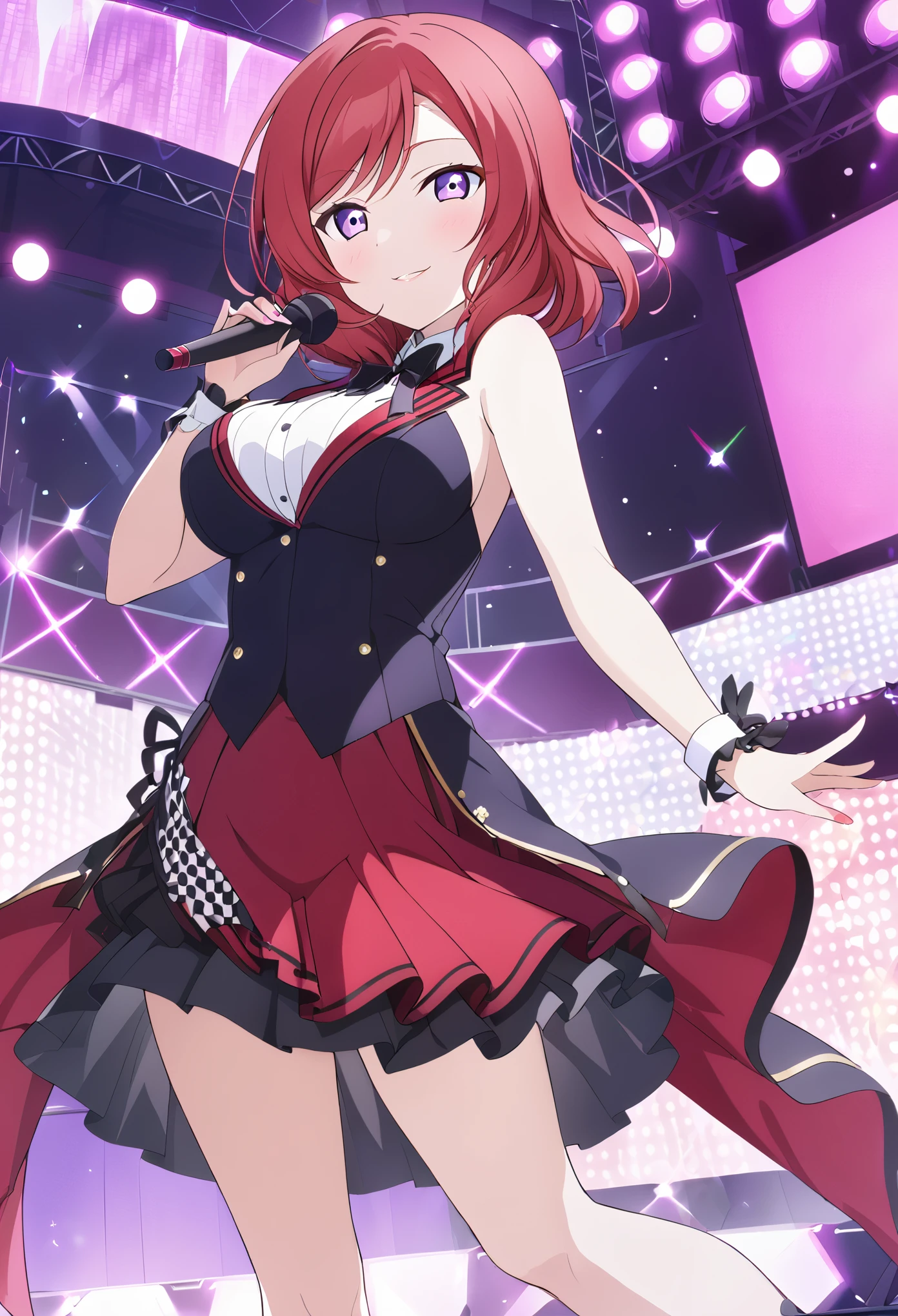 , live stage, large Breasts, Formal dress smile　solo, maki nishikino, short hair, (purple eyes:1.1), red hair,