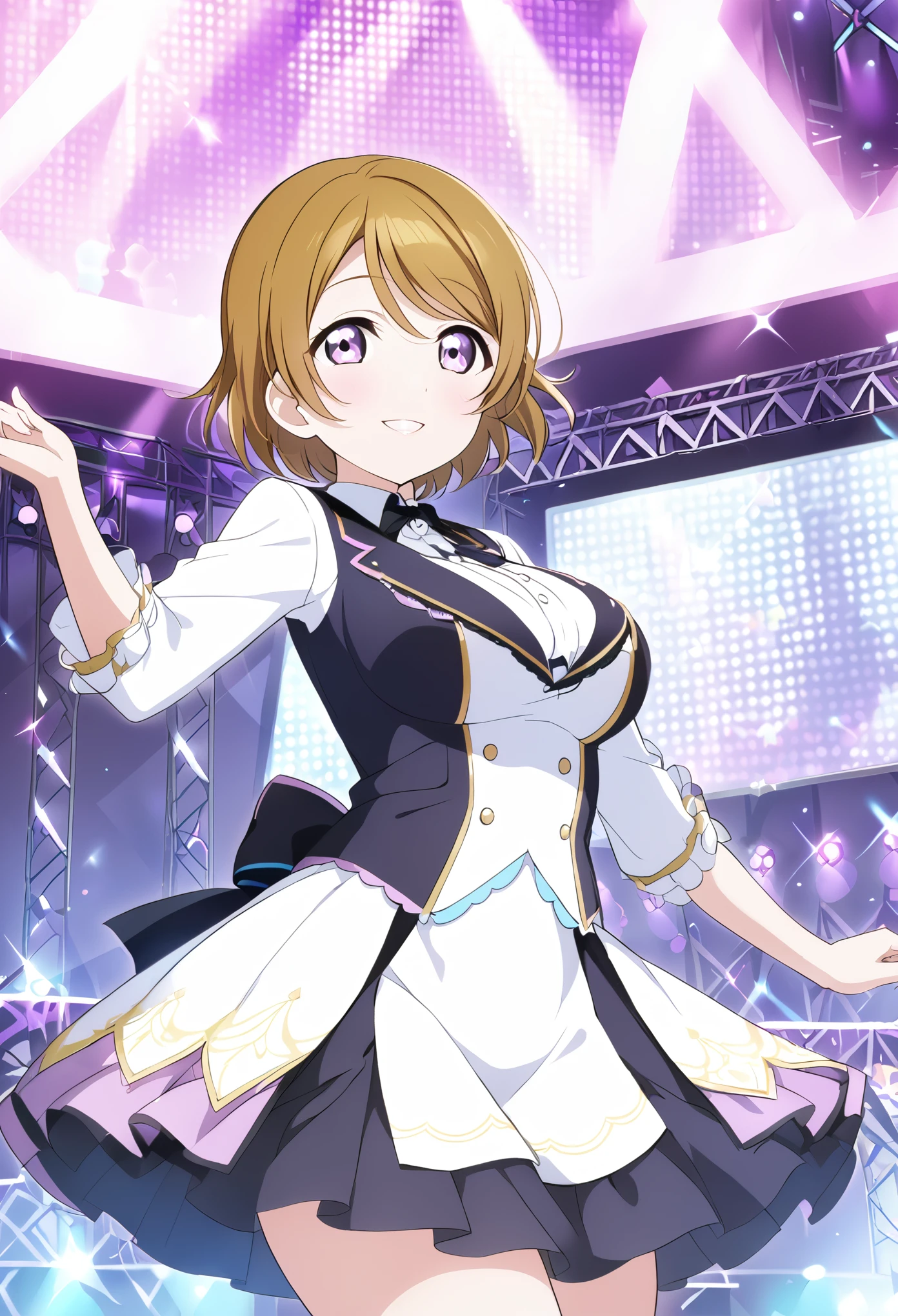 , live stage, large Breasts, Formal dress smile　solo, hanayo koizumi, short hair, brown hair, (purple eyes:1.1),