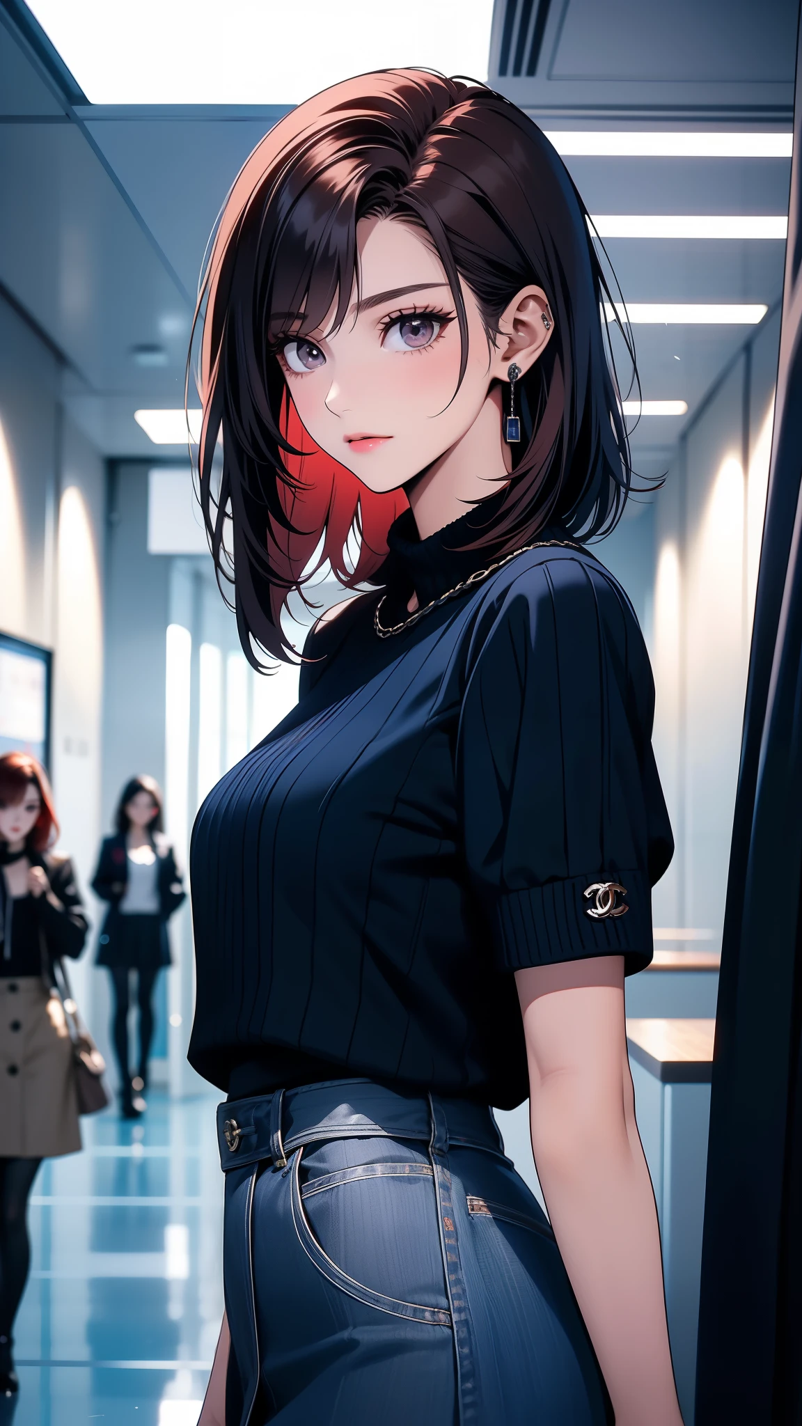 A 24-year-old high school girl with a European appearance, short red hair with a Chanel cut and no bangs, dark eyes, and is apparently tall, has a kind and face, she is wearing English clothes. dark blue in color, it is inside an English high school,