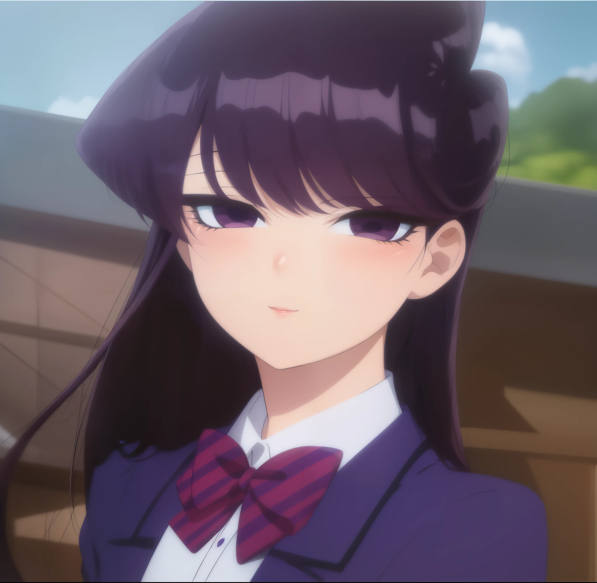 Marinha Kitagawa (Eu sou Boneca Bisque) nariz anime perfeito. Boca fofinha, beautiful lips with gloss. Anime girl illustration with dark purple hair and purple eyes, garota com lindo sorriso, excited expression, cores vivas. 4K semi-realistic anime illustration. Fundo ao ar livre, lindos olhos realista