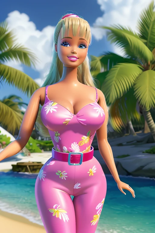 (masterpiece, best quality), highres, (8k, RAW photo, highest quality), hyperrealistic, 3d, centered, (TS_Barbie), mid shot, (full body:1.2), a cartoon girl in a blue jumpsuit and pink belt in the style of pixar, (perfect lighting and composition:1),soft lighting, (high detail, 8K resolution:1), hdr:0.7, detailed face, perfect, (dynamic), pose, (high quality:1.2), plastic skin, ((shiny:1.3)), hourglass figure, smile, (depth of field:0.8), 50mm, film grain:0.7, fujifilmXT3, focus face, (sad:1.2), looking at viewer, detailed eyes, detailed face, floating particles, analog style, beautiful, light makeup, lipstick, (thick waist and thighs:0.6), summer vacation, tropical, palm tree, sandy beach, amazing composition, lively, huge breasts