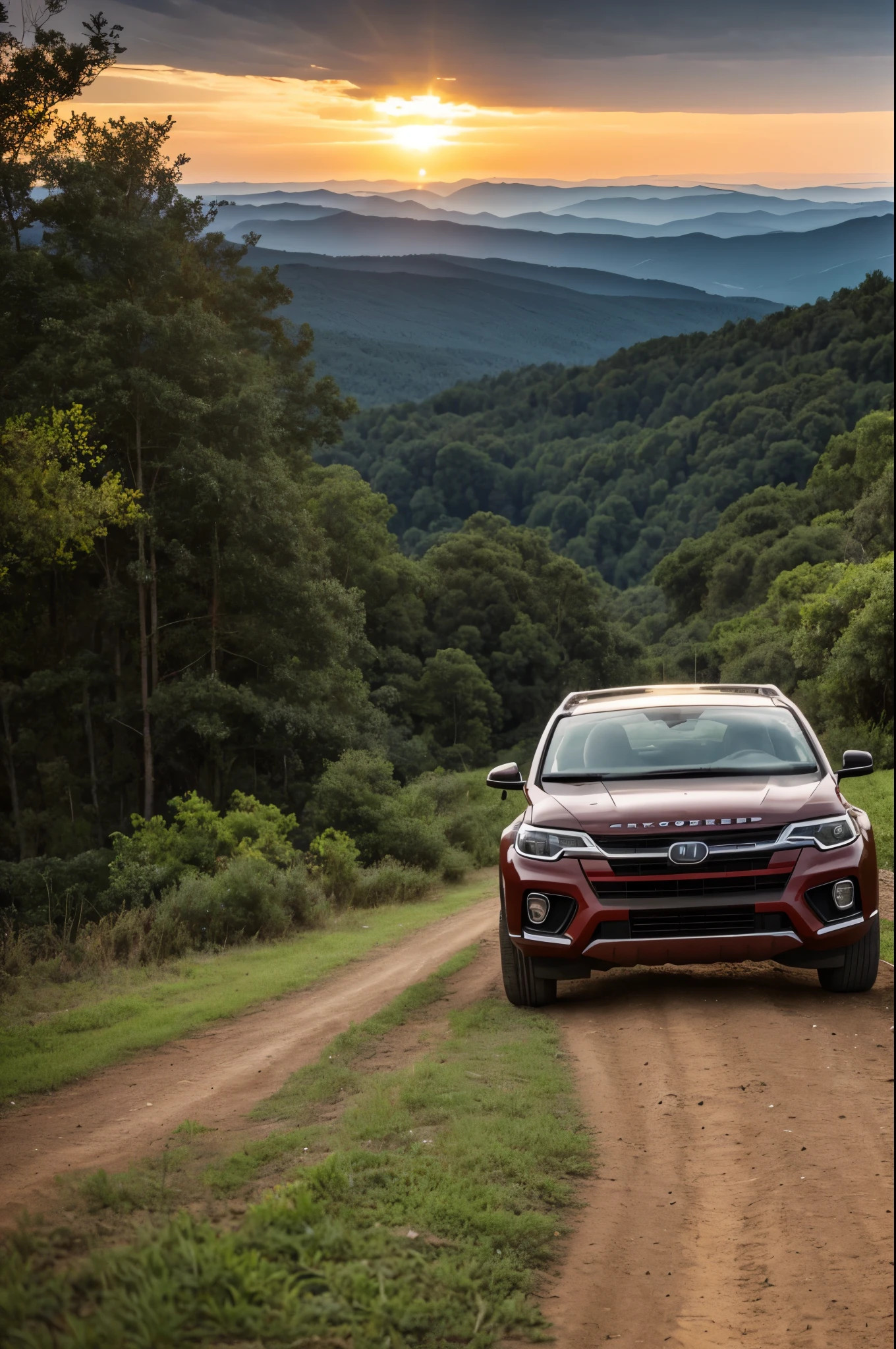 photo of offroad car, forest, sunset, clouds