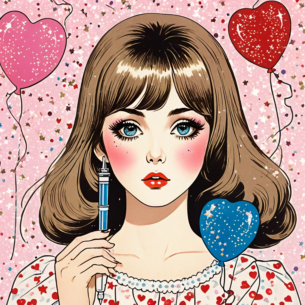 oracle card of 60s still lady holding a broken heart, shoujo, retro shoujo, very long hair, stars and glitter inside her eyes, really big eyes, with syringe, balloons, sprinkles, glitter, bokeh, confetti, 1960s, delicate ex embellishments, retro, vintage illustration