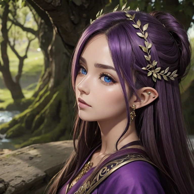 Hada, ojos lilas, flequillo, orejas de elfo
