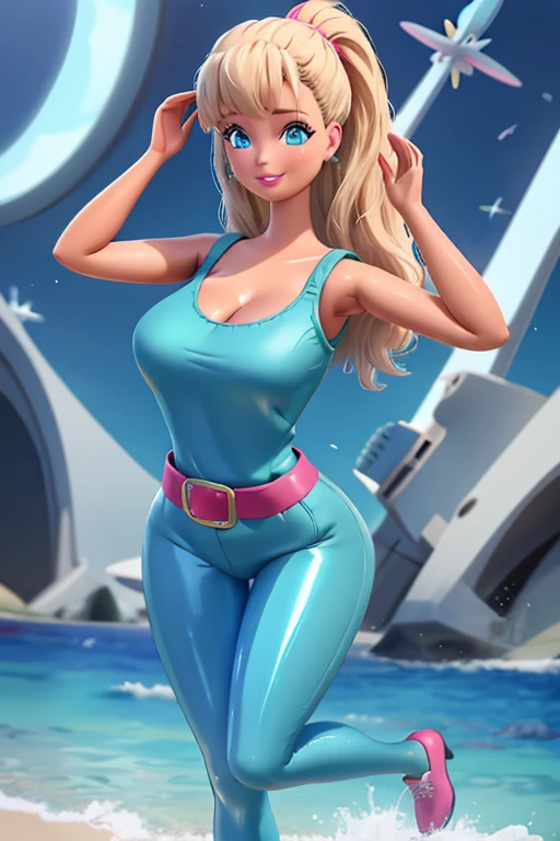 (masterpiece, best quality), highres, (8k, RAW photo, highest quality), hyperrealistic, 3d, centered, (TS_Barbie), mid shot, (full body:1.2), a cartoon girl in a blue jumpsuit and pink belt in the style of pixar, (perfect lighting and composition:1),soft lighting, (high detail, 8K resolution:1), hdr:0.7, detailed face, perfect, (dynamic), pose, (high quality:1.2), plastic skin, ((shiny:1.3)), hourglass figure,  smile, (depth of field:0.8), 50mm, film grain:0.7, fujifilmXT3, focus face, (sad:1.2), looking at viewer, detailed eyes, detailed face, floating particles, analog style, beautiful, light makeup, lipstick, (thick waist and thighs:0.6), summer vacation, tropical, palm tree, sandy beach, amazing composition, lively, huge breasts