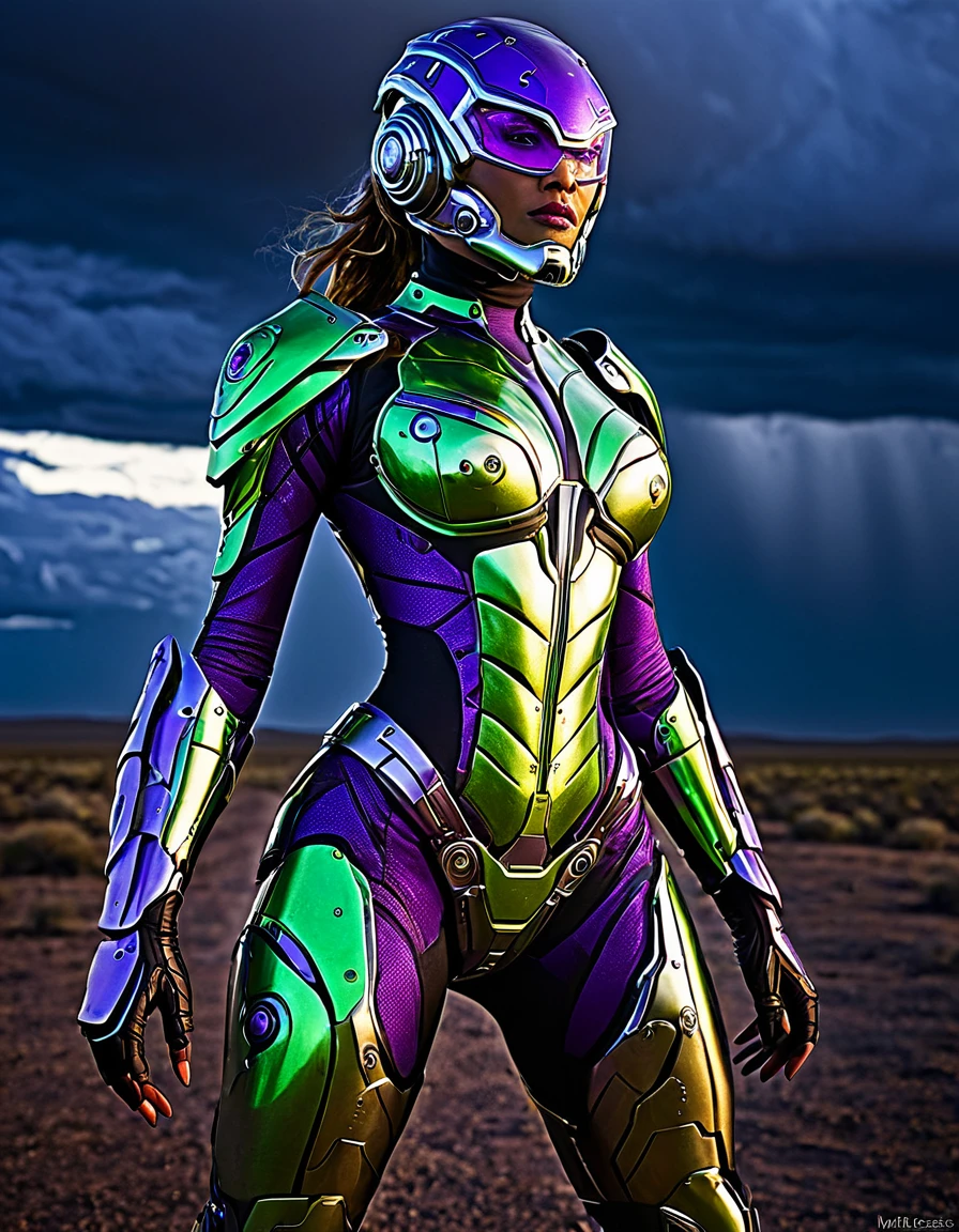 Create a hyper-realistic image that captures a highly detailed woman with distinctive highlights designs. The cyborg combines organic and mechanical elements seamlessly, with purple chameleon psychotic illusions painted with neon green accent color, translucent glowing helmet, purple chameleon psychotic illusions painted muscle structures and gold mechanical components. , wears a translucent bright purple chameleon tactical suit and metal chest armor and metal waist armor, wears black boots, stands in a model pose and walks, concentrates intensely on the front. The setting is a dark, desolate country scene, under a stormy sky. This moment is frozen with a high aperture, capturing every detail with clarity, from head to toe. Wide angle lens effect, dramatic storm lighting, high clarity, meticulous detail in costume and expression, expansive landscape, cinematic storytelling, intense eye contact, hyperrealism, epic scale