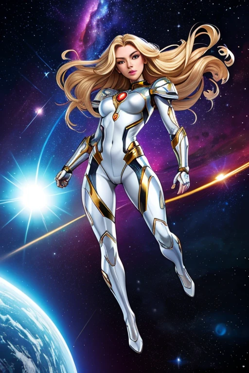 best quality, masterpiece, woman space super hero, beautiful face,full body,hi-tech armour over silver latex suit, long curly blonde hair,flying in super hero pose in deep space, with several planets and suns in the background