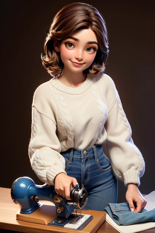 Estilo 3DMM, (obra maestra, mejor calidad, mejor calidad, arte oficial, guapo y estetico: 1.2), (arte fractal: 1.3), 1 chica, Hermoso, High detailed white skin with rich features and brown hair, ojos marron, dark lighting, cara sonriente, mirando al cielo, cielo, tiro medio, blue sweater and jeans profession seamstress background sewing machine and clothes